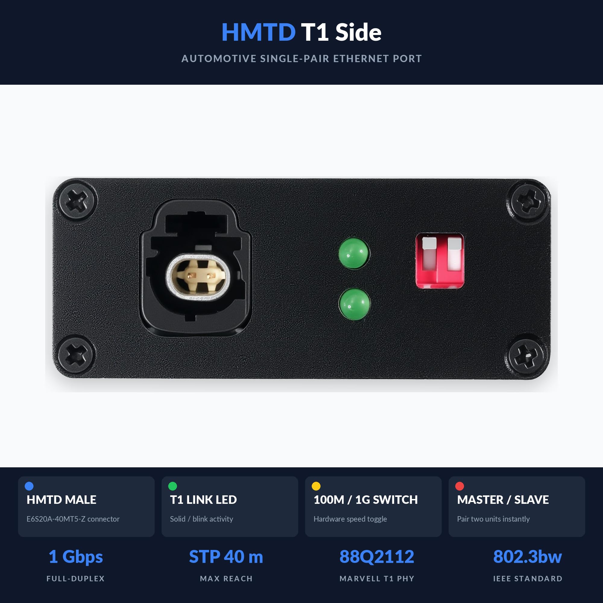 100/1000Base-T1-TX-HMDT Automotive Ethernet Media Converter - 100/1000BASE-T1 to TX Adaptador, Marvell 88Q2112 & Realtek RTL8211FI Phy, H-MDT Connector, Industrial Grade Type-C/DC Power