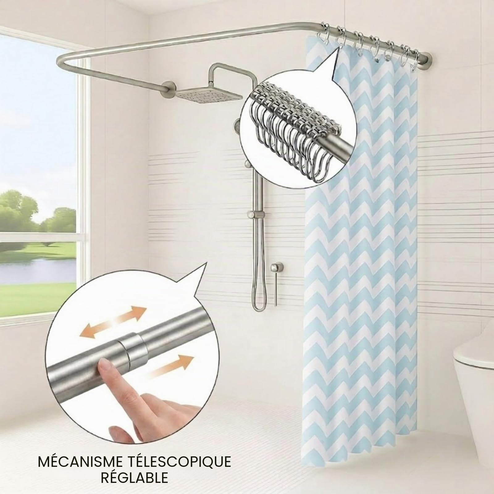 Barre de douche rétractable de type U/L, barre d'angle en acier inoxydable 304, antirouille et durable, avec 12 anneaux de rideau de douche, dimensions : 75 x (150-190) x 75 cm