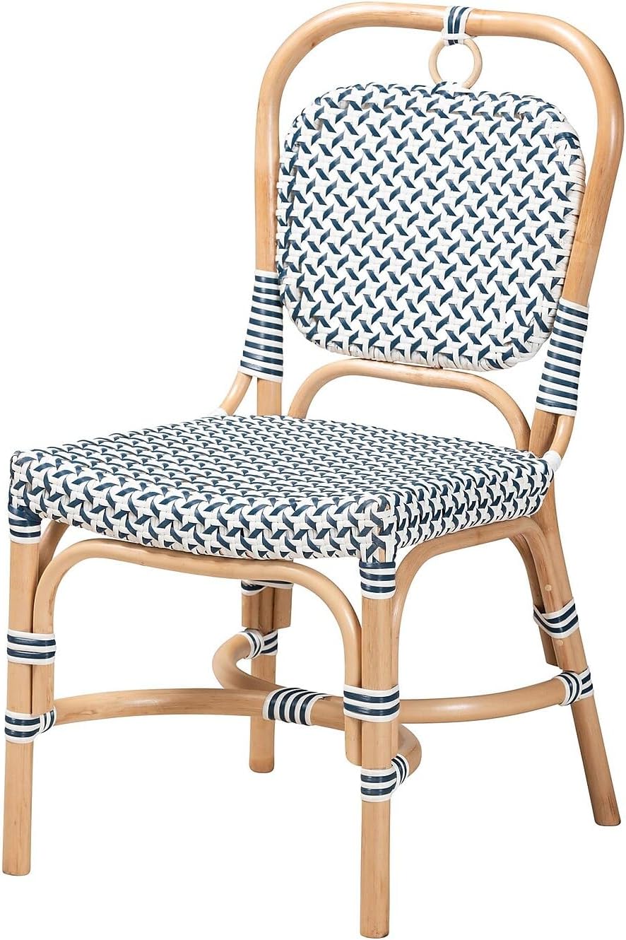 Baxton Studio Luciana French Blue and White Weaving Natural Rattan Bistro Chair