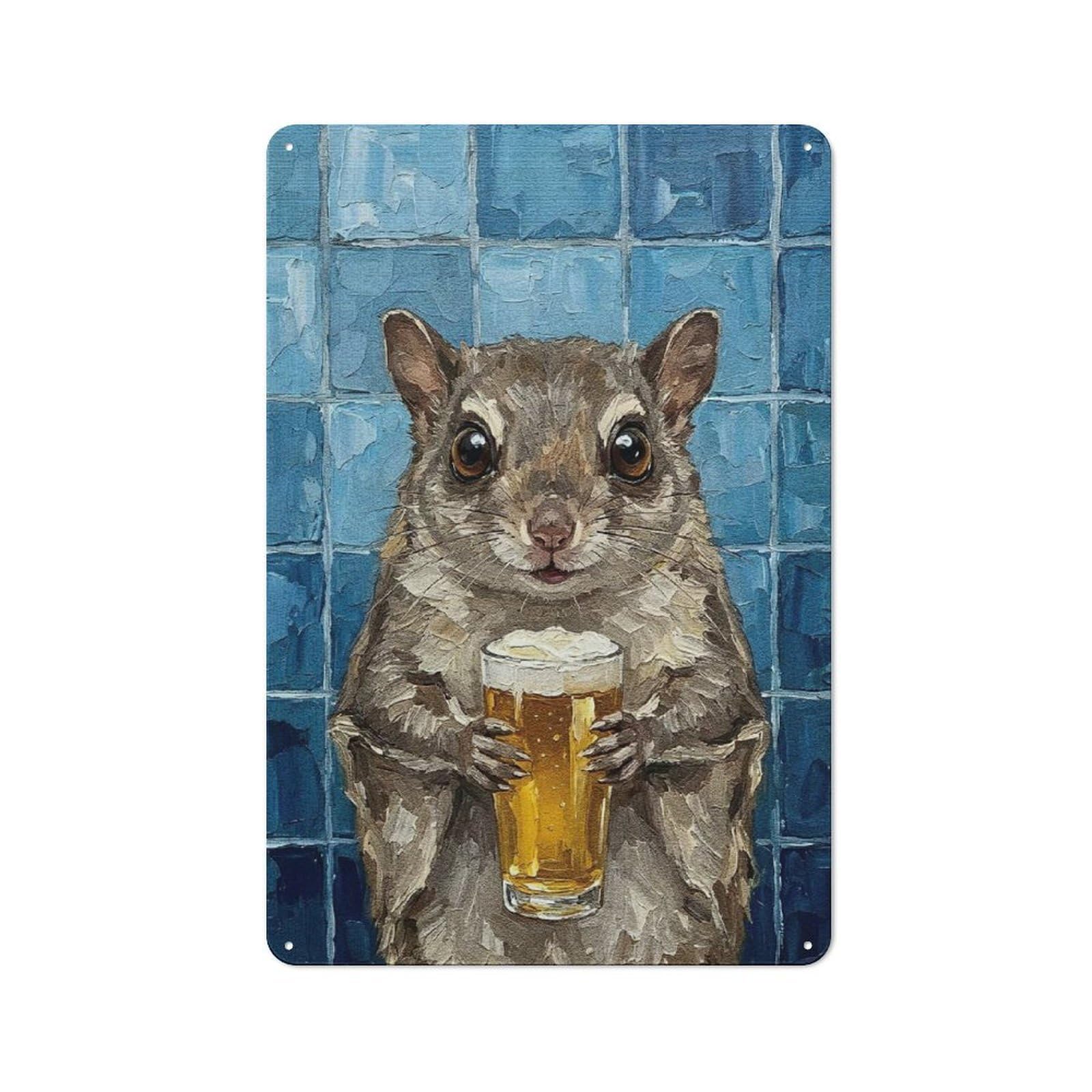 Junmoney Style-11 Squirrel With Beer Painting Urban Metal Wall Decor 30X20cm, Metal Wall Art Sign For Loft, Studio, Office Or Creative Room