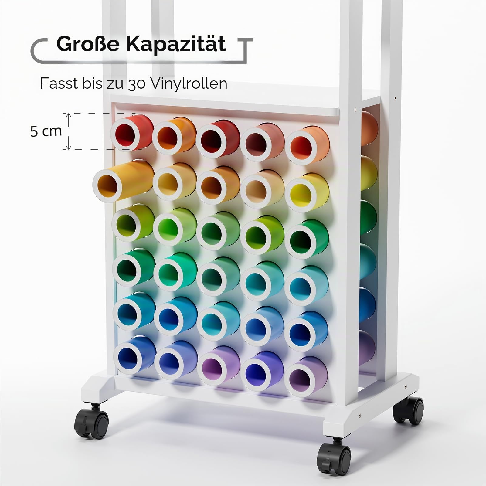 Crafit Bastelwagen Kompatibel mit Cricut Maschinen, Rollbarer Aufbewahrungswagen mit 30 Vinylrollen Halterungen, Organizer und Aufbewahrung für das Bastelzimmer - Kompakt und Abnehmbar Weiß