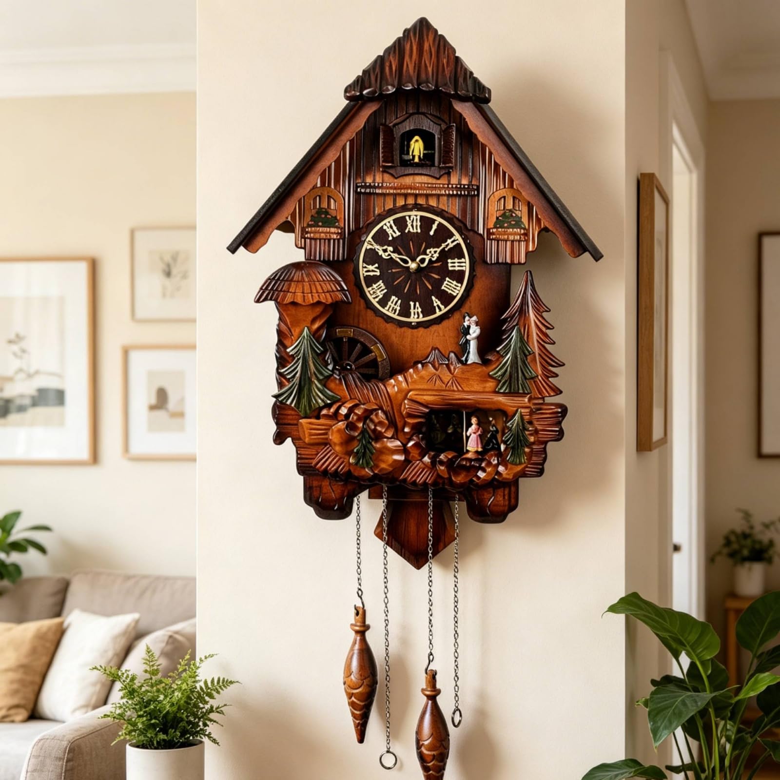 F Fityle Reloj de Pared Reloj con Reloj de Madera Reloj Colgante de Basswood con Forma de Casa con Cadena Colgante y Pesas con Aspecto de Adecuado para Sala de, 518 Esfera Romana