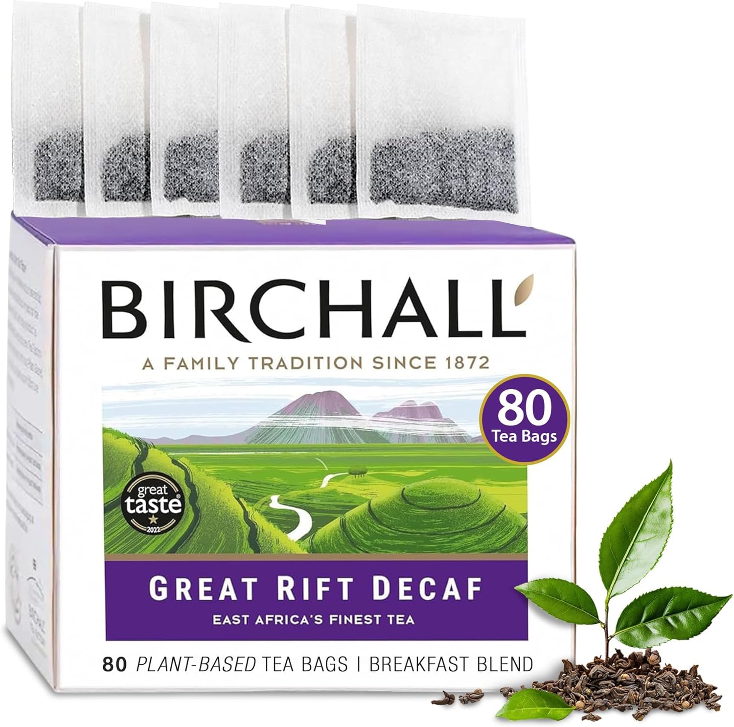 BirchallGreat Rift Decaf Blend Tea Bags, English Breakfast Tea Bursting with Full Flavour, Perfect Vegan Gifts, 80 Plant-Based Everyday Tea BagsRainforest AllianceRainforest AllianceRainforest AllianceRainforest Alliance