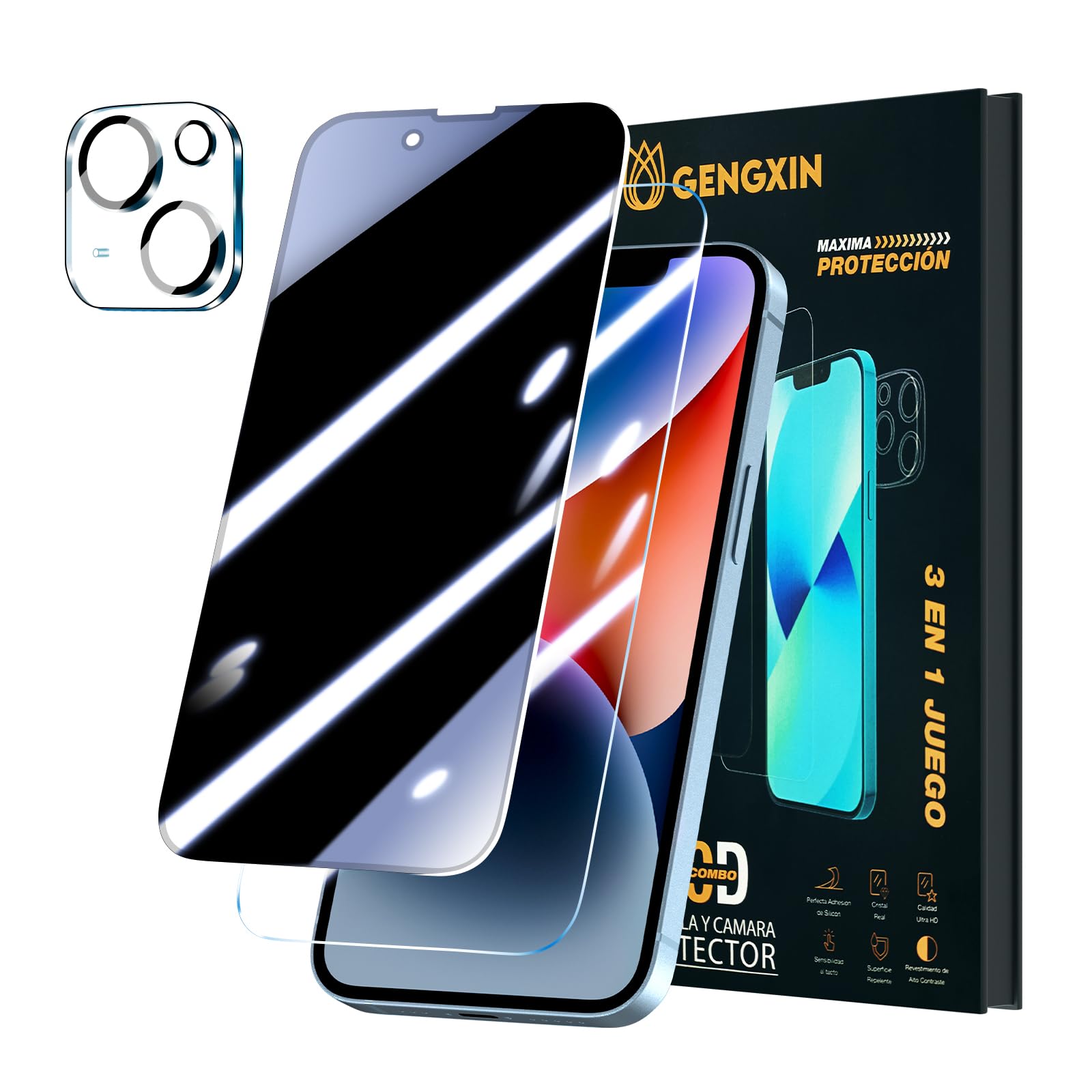 GENGXINPrivacy Screen Protector (1pcs) for iPhone 14 (6.1"), Tempered Glass Film (1pcs) and Camera Lens Protector (1pcs), 3pcs total.