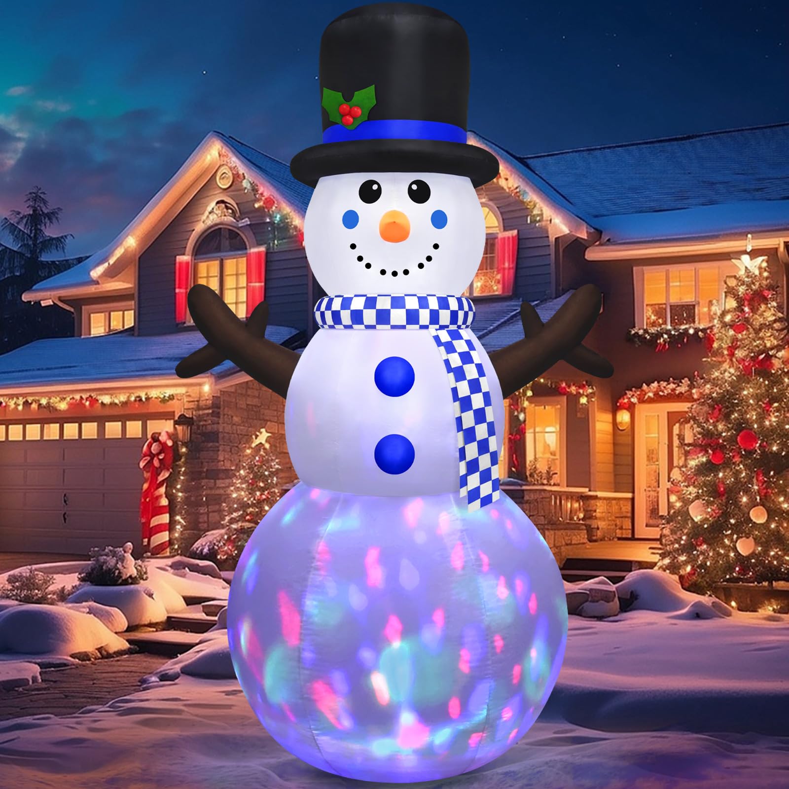Danxilu Bonhomme de neige gonflable de 2,4 m de haut avec lumières LED colorées rotatives - Bonhomme de neige gonflable - Décoration de Noël pour extérieur, jardin, cour, vacances, pelouse