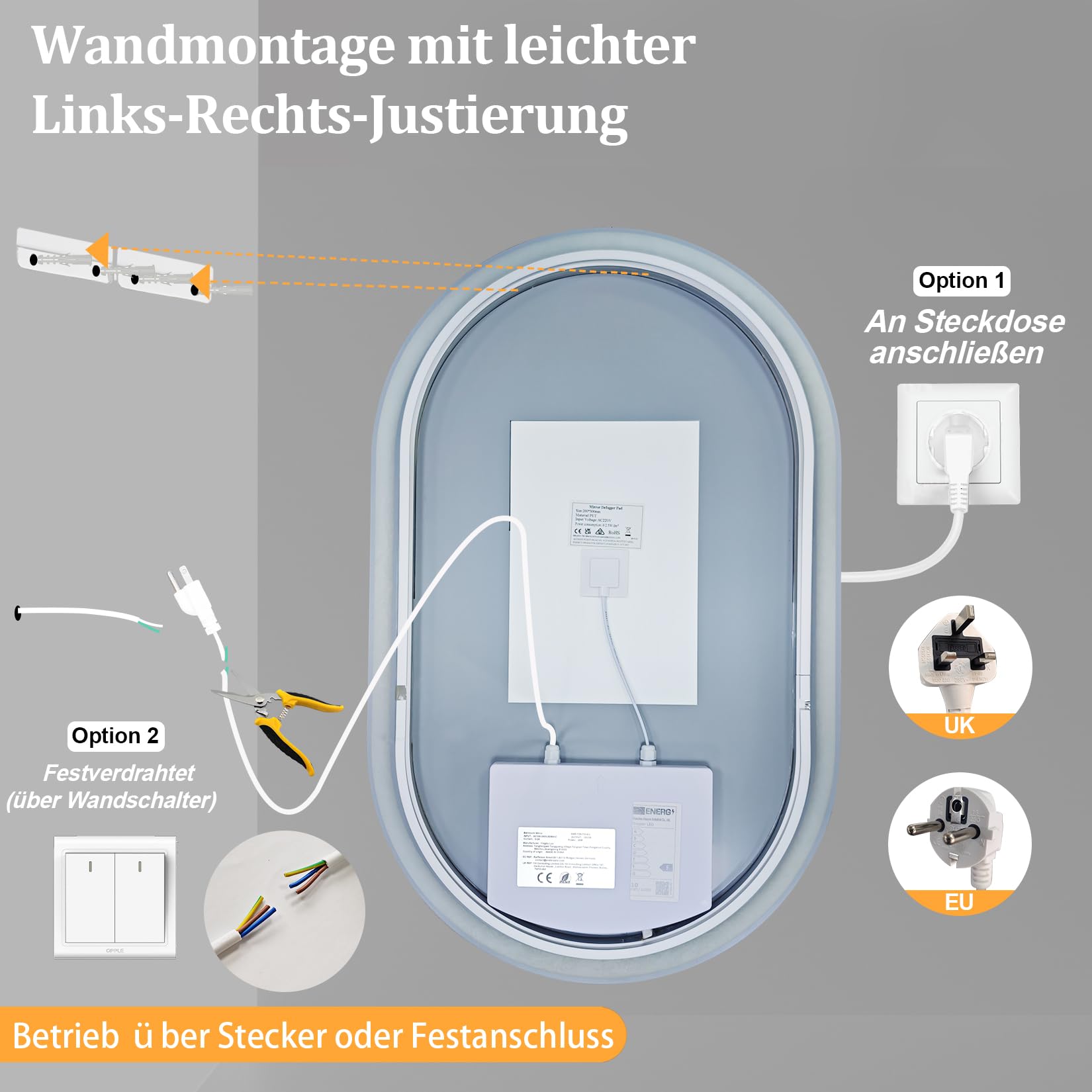 Ovaler Badezimmerspiegel mit LED-Beleuchtung, 80 * 50cm