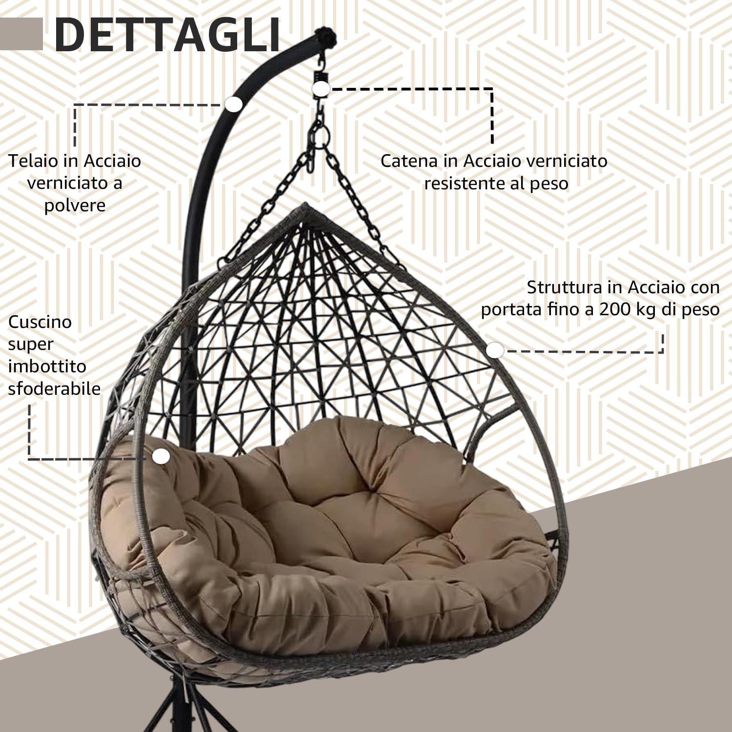 Poltrona Sospesa Lita XL – Poltrona a Uovo da Esterno in Rattan PE, Sedia Sospesa con Cuscini Imbottiti, Struttura in Acciaio, per Giardino e Terrazzo