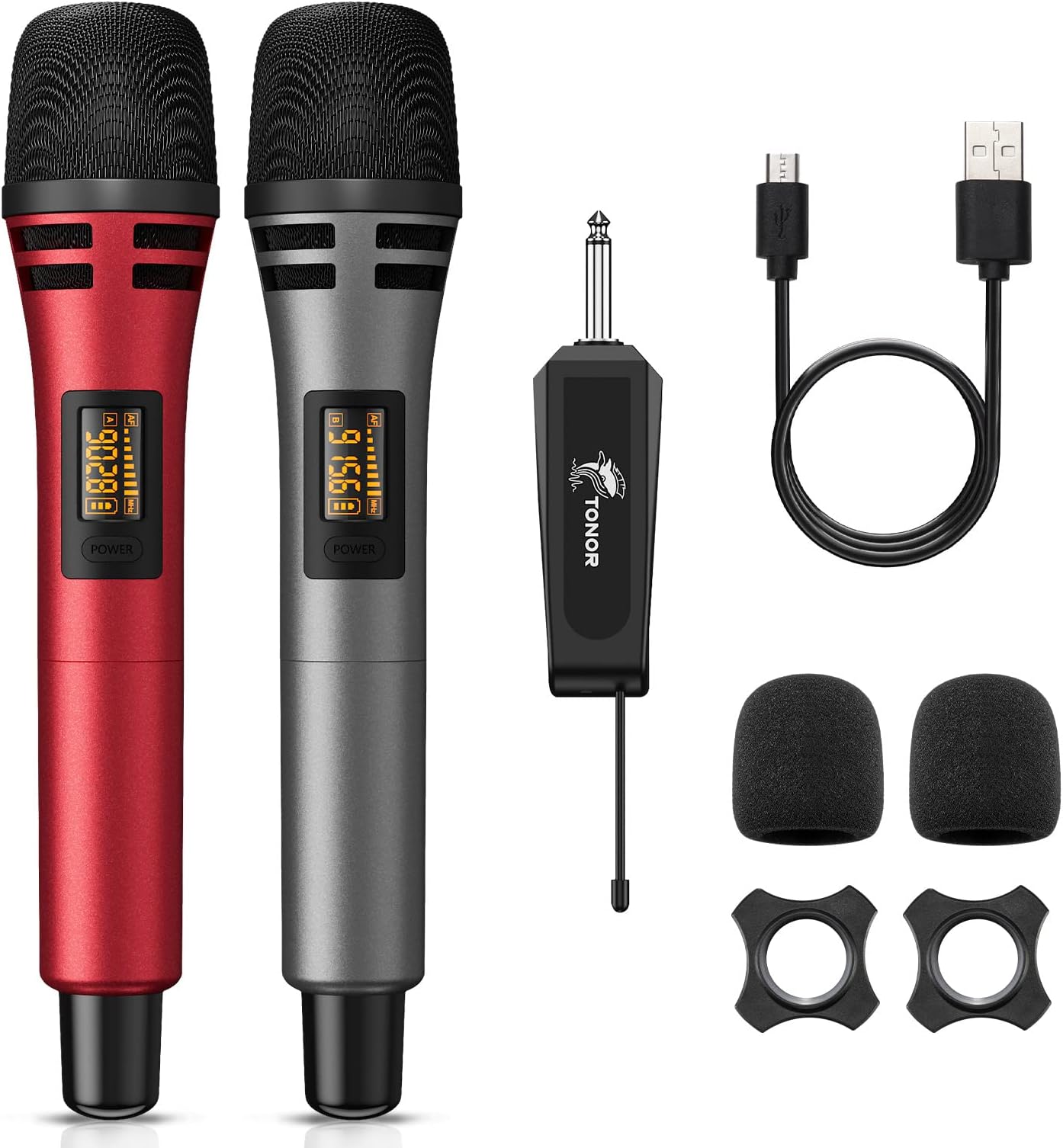 Wireless Microphones, Dual UHF Karaoke Microphone System, Microfonos Inalambricos with Rechargeable Receiver, Cordless Dynamic Mics Set for Singing, Wedding, Party, 200ft TW320, 2 Mics Grey&Red