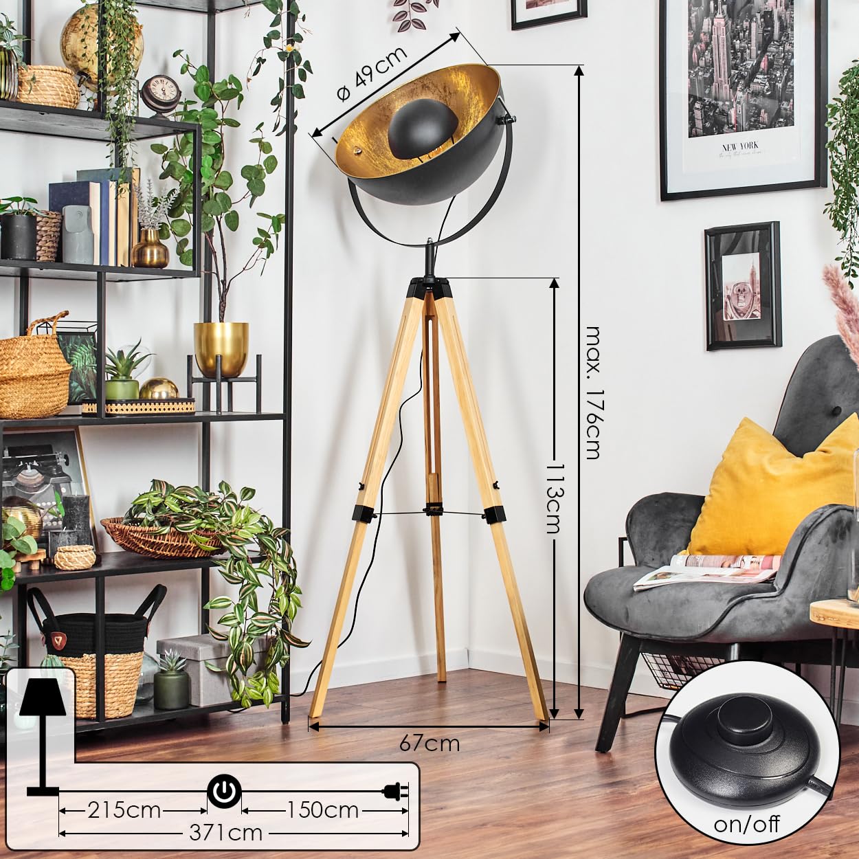 HOFSTEIN Stehleuchte Jupiter, Stehlampe aus Holz/Metall in Naturfarben/Schwarz/Goldfarben, Leuchte im Boho-Style, Höhe 167 cm, Ø 49 cm, Fußschalter - Wohnzimmer, Schlafzimmer, Esszimmer, Flur, Büro
