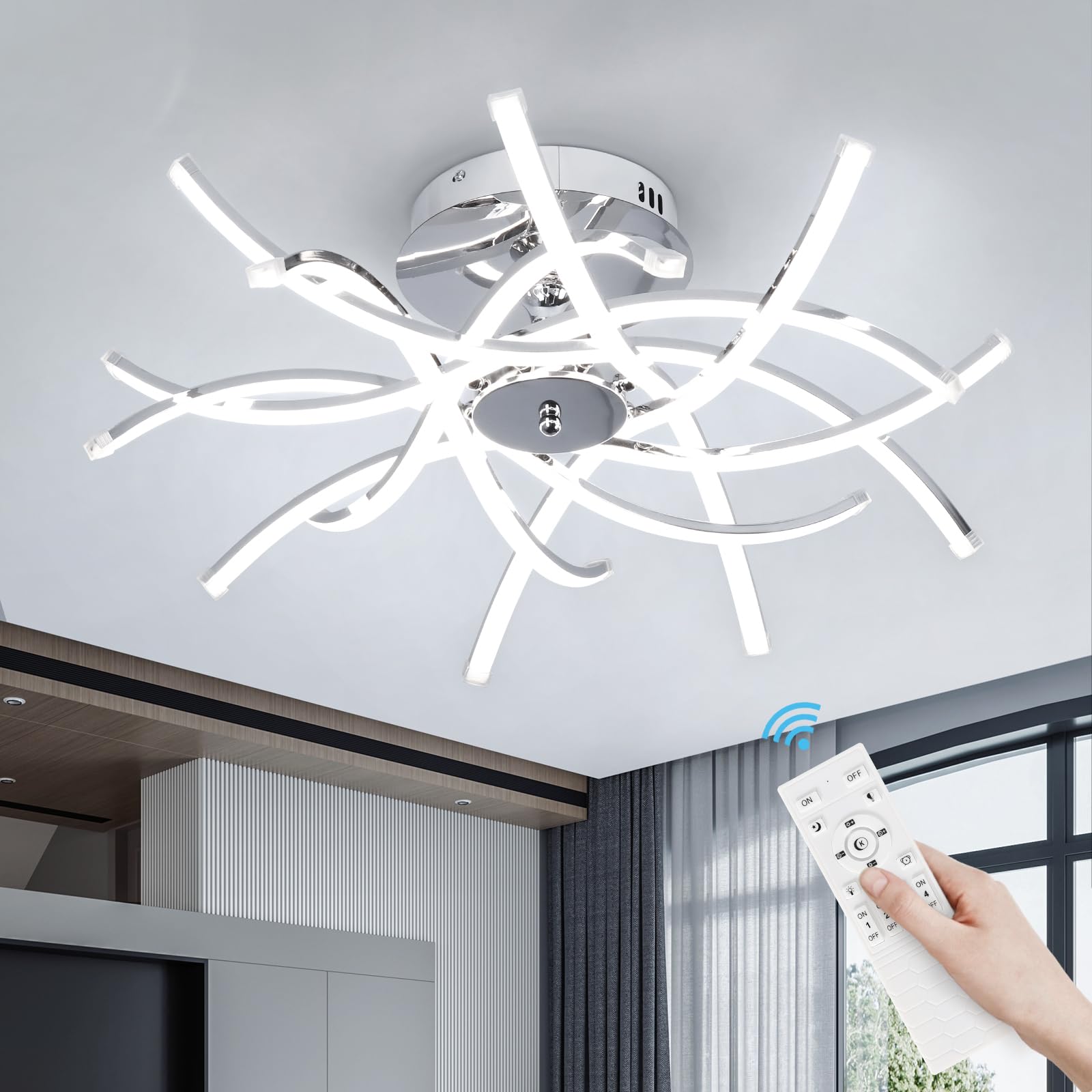 Vloitgol Modern Sputnik Ceiling Light Fixtures,Dimmable Modern Flush Mount Ceiling Light with Remote Control, Sliver Close to Ceiling Lamp for Bedroom Living Room Kitchen Ceiling Lighting