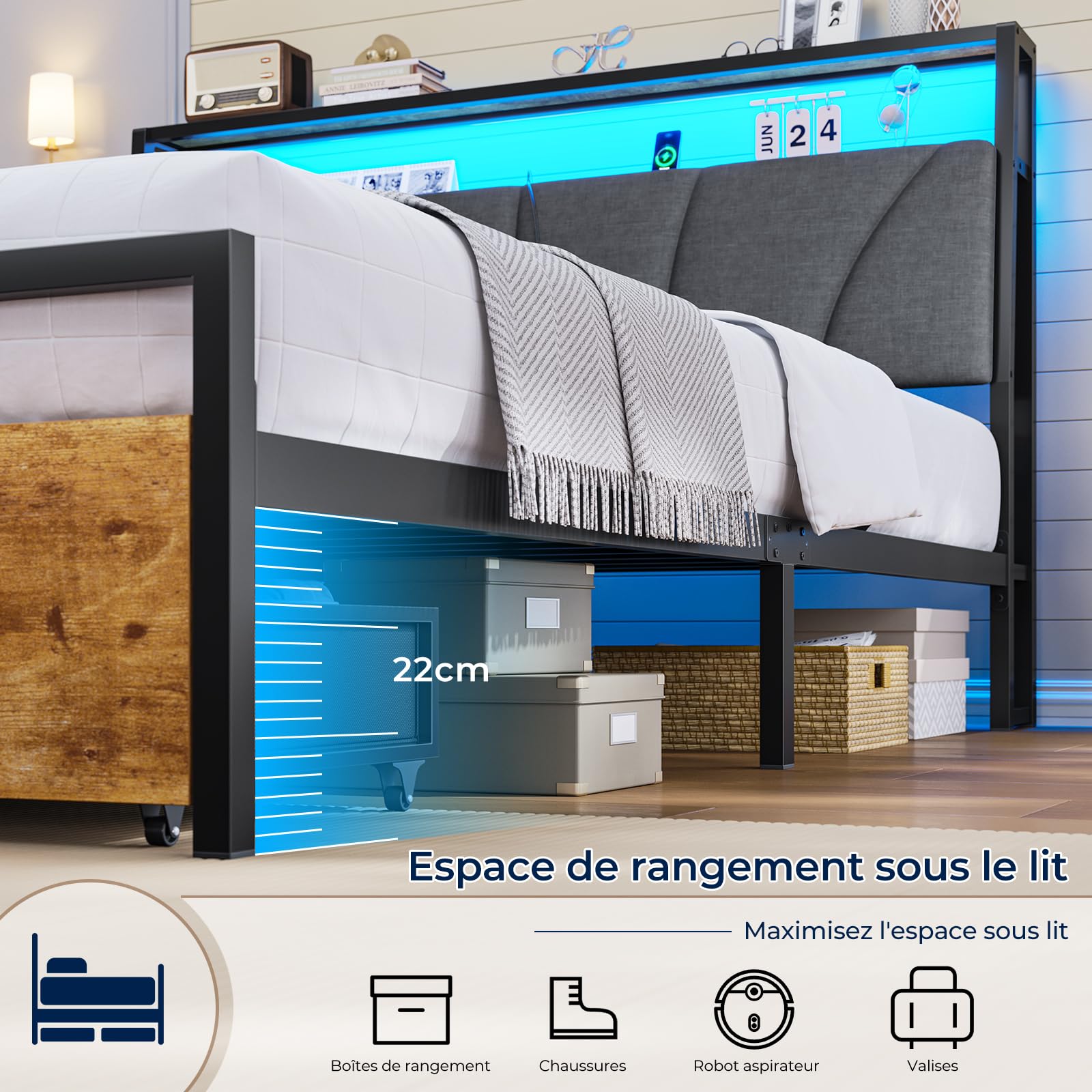 Brinlawb Cadre de Lit 140 x 190 avec Sommier en Métal, Lit 2 Personnes avec Lumières LED et Multiprise (2 Prises AC, 2 Ports USB-A) lit Double 140x190 cm avec 2 Tiroirs, Facile à Assembler, Gris