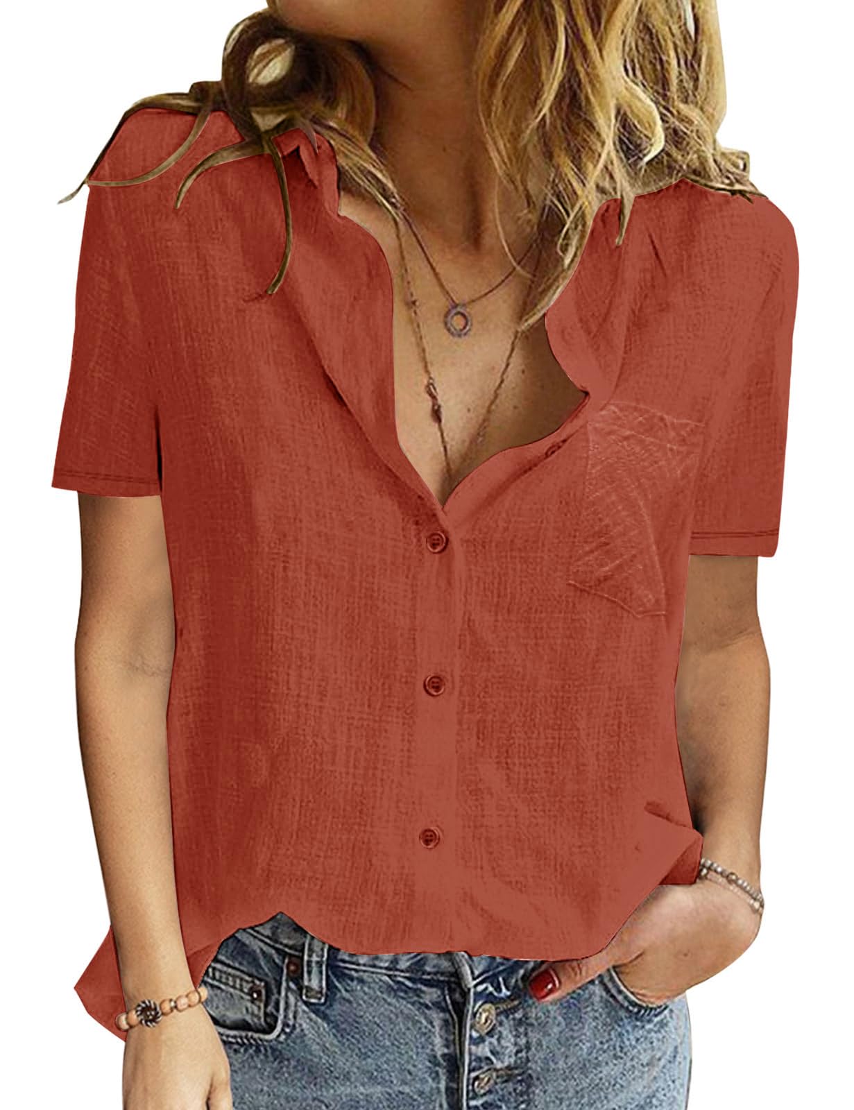 PASUDA Camicia Donna Estiva Camicetta da Donna Manica Corta Cotone Elegante Blusa Maglietta Scollo a V Top con Bottoni Moda Casual T Shirt Tinta Unita Classico Maglia Tees