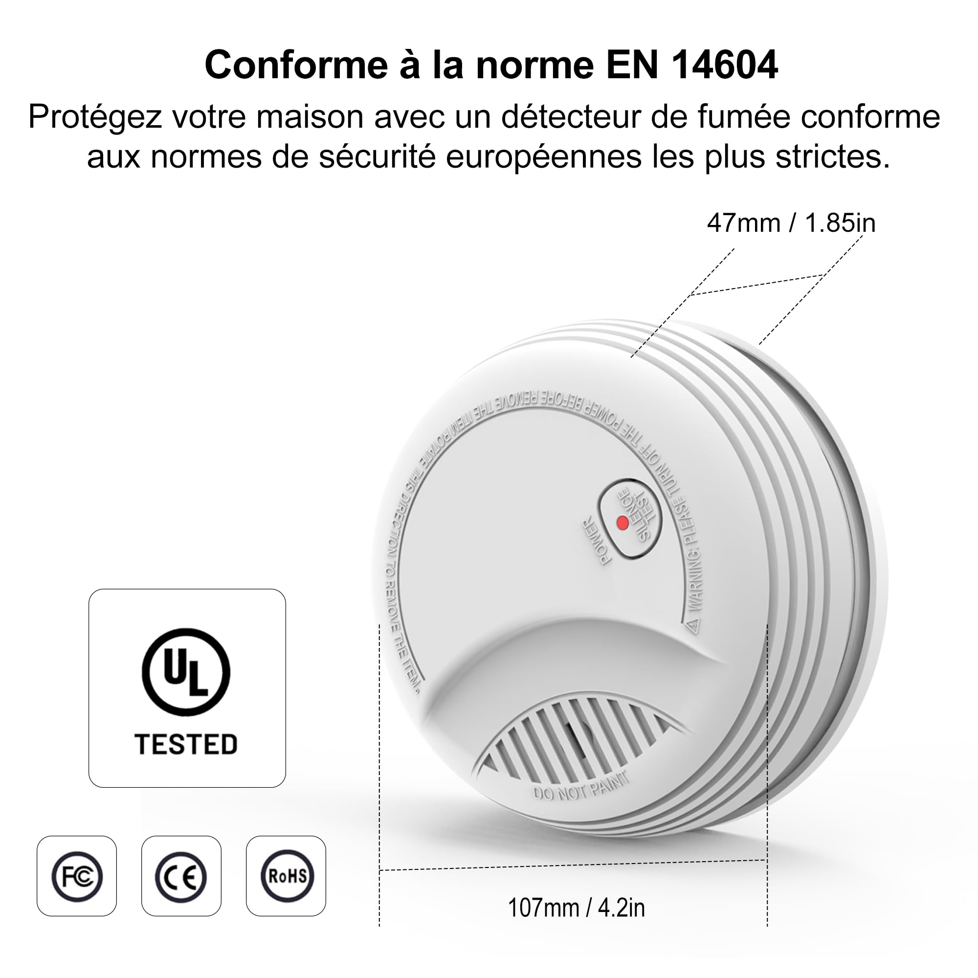 2 Detecteur de Fumée Norme EN14604 – Alarme Incendie 85 DB, Pile 9V Remplaçable Incluse, Avertissement Batterie Faible, sans Fausses Alertes, Fonction Test et Silence (2 pièces)