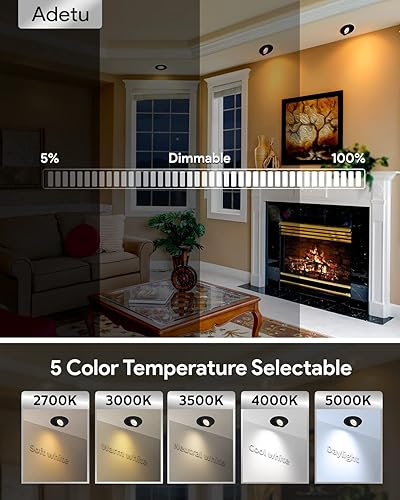 Miniatura 3 de Adetu Luz empotrable LED negra cardán de 4 pulgadas, iluminación empotrable direccional ajustable de 360+90, 2700K3000K3500K4000K5000K con Jbox, ETL