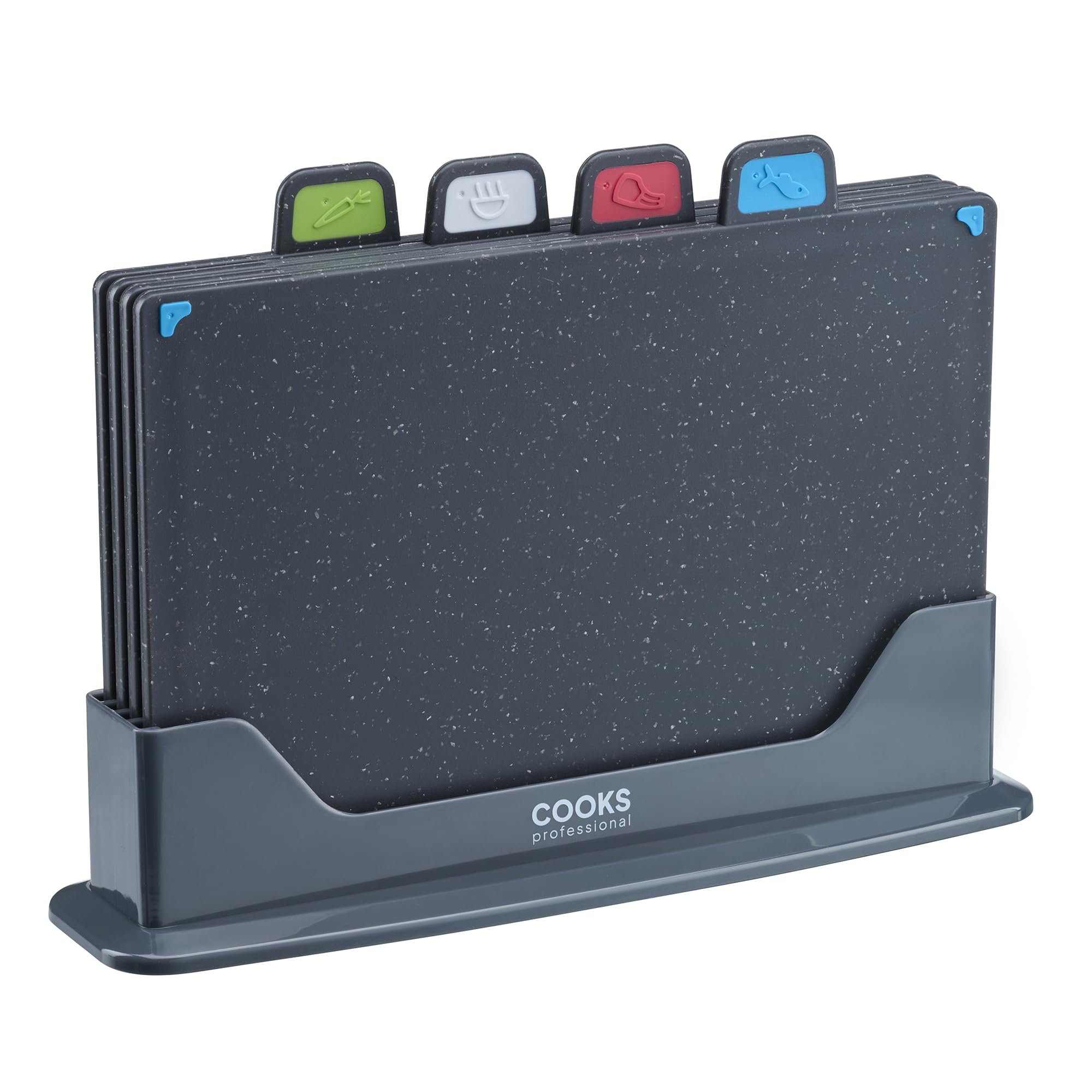 Cooks Professional Index Chopping Board Set | Set of 4 Non Slip Chopping Boards with Stand | Cutting Boards with Colour Coded Tabs for Fruit & Vegetables, Cooked Food, Raw Meat & Fish | Dark Grey