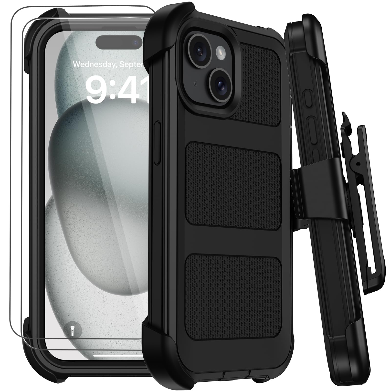 for iPhone 15 Case with Belt Clip Holster Military Grade Anti-Drop Shockproof Defender Phone Cases w 2x Screen