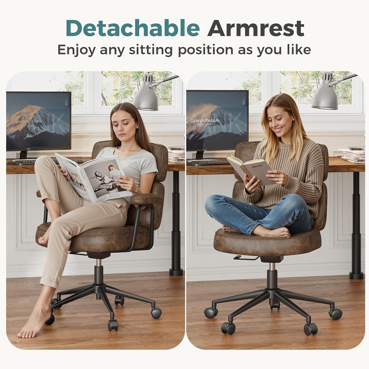 OLIXIS Ergonomic Home Office Desk Chair, PU Leather Computer Chair with Lumbar Support Adjustable Height Rolling Swivel Executive Task Armrests Chair, Modern Brown