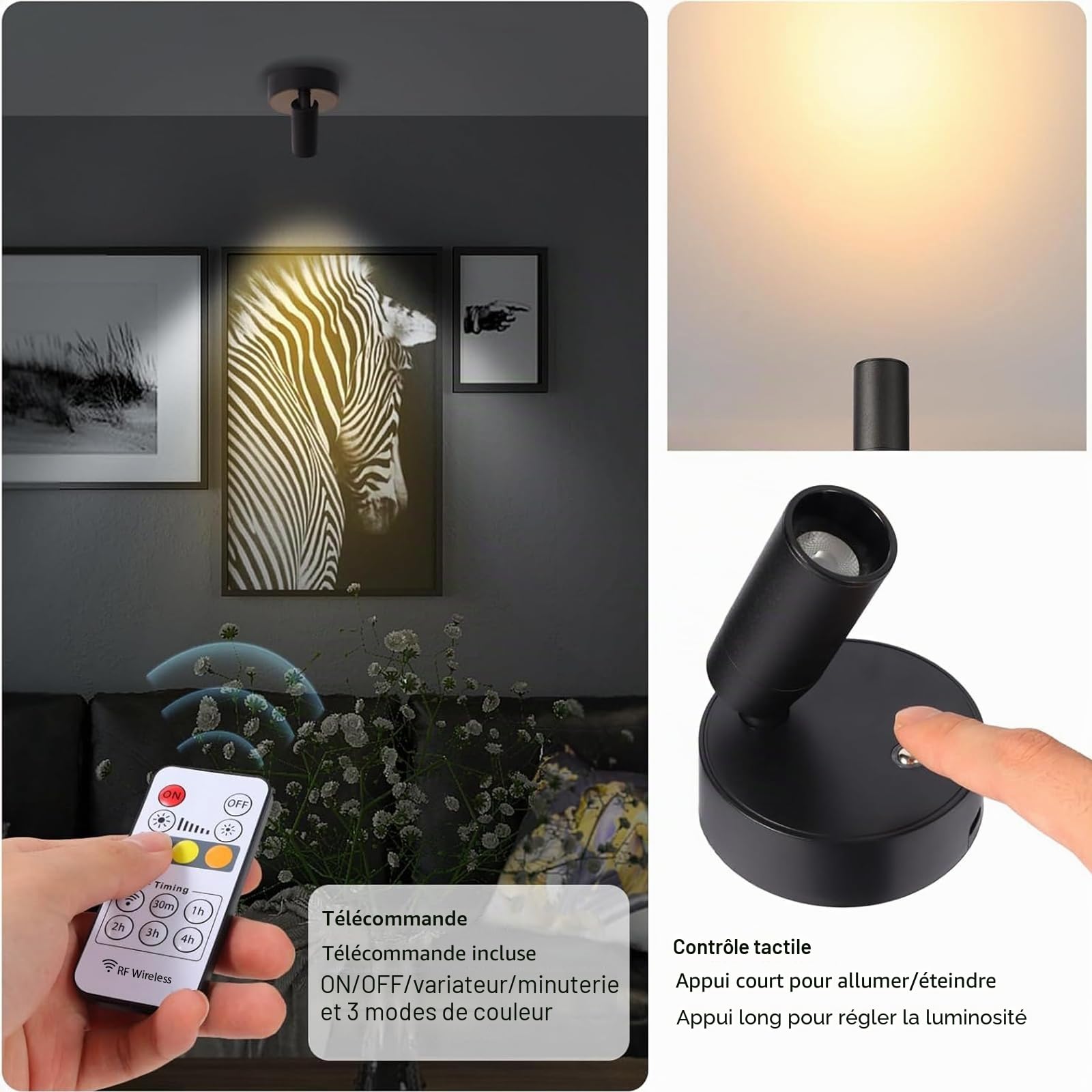 MIOBLUE Spot LED rechargeable par USB avec télécommande,3températures de couleur,à intensité variable,sans fil,avec fonction de minuterie pour art, plantes, portraits,1 pièce [Classe énergétique A+++]