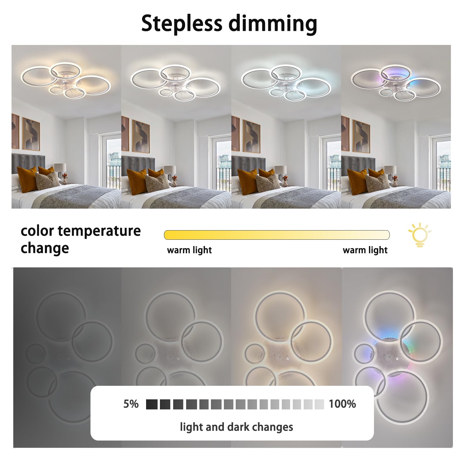 95cm RGB Deckenleuchte Mit Ventilator Groß Dimmbar, Reversibel Deckenleuchte Mit Ventilator Und Fernbedienung App, Modern Deckenventilator Mit Beleuchtung 72w Wohnzimmer Leise Timer-Black