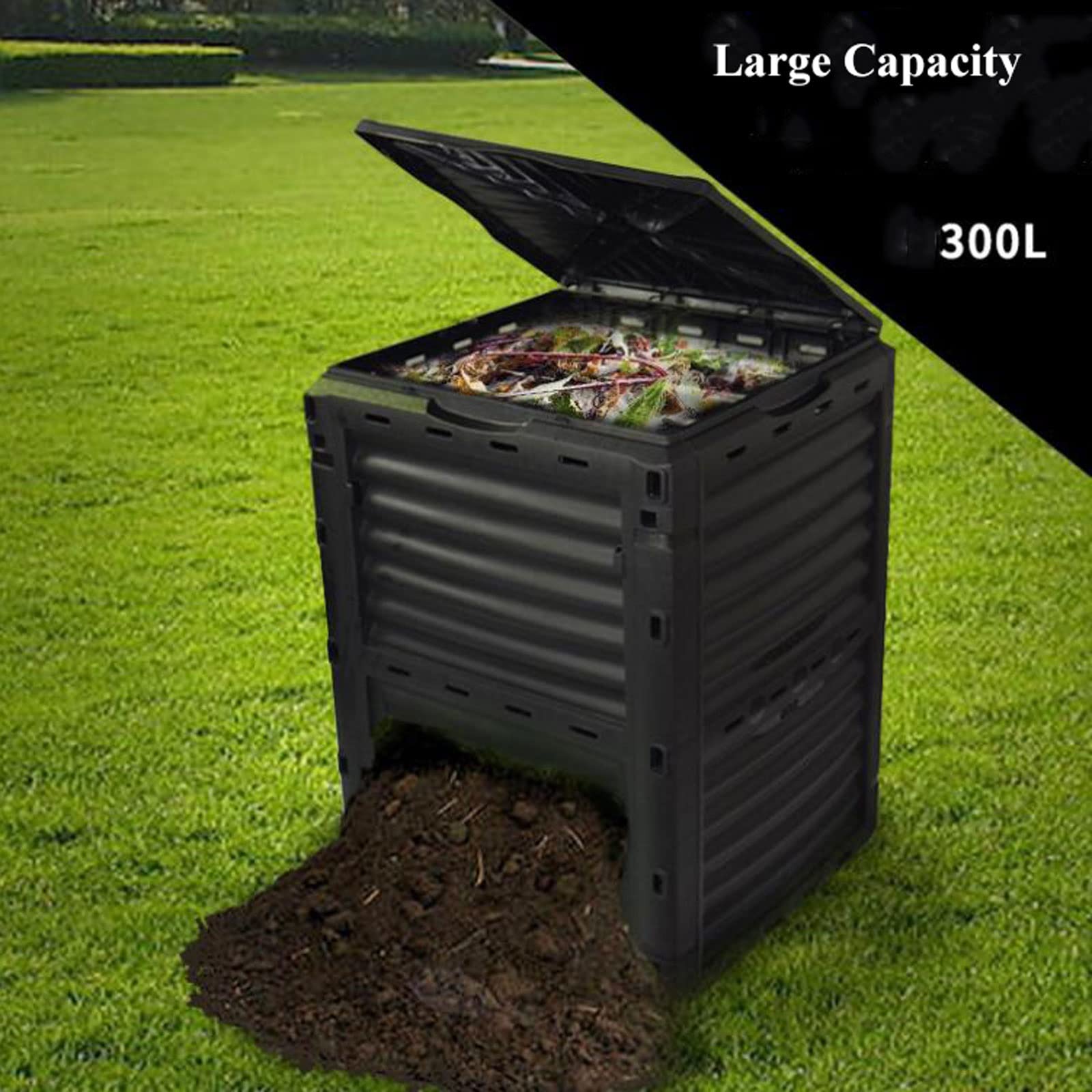 Kompostownik do ogrodu, 300L (79 galonów) kosz na kompostownik ogrodowy wykonany z tworzywa sztucznego pochodzącego z recyklingu, duży pojemnik na kompost, tworzenie żyznej gleby, łatwy montaż, lekki,