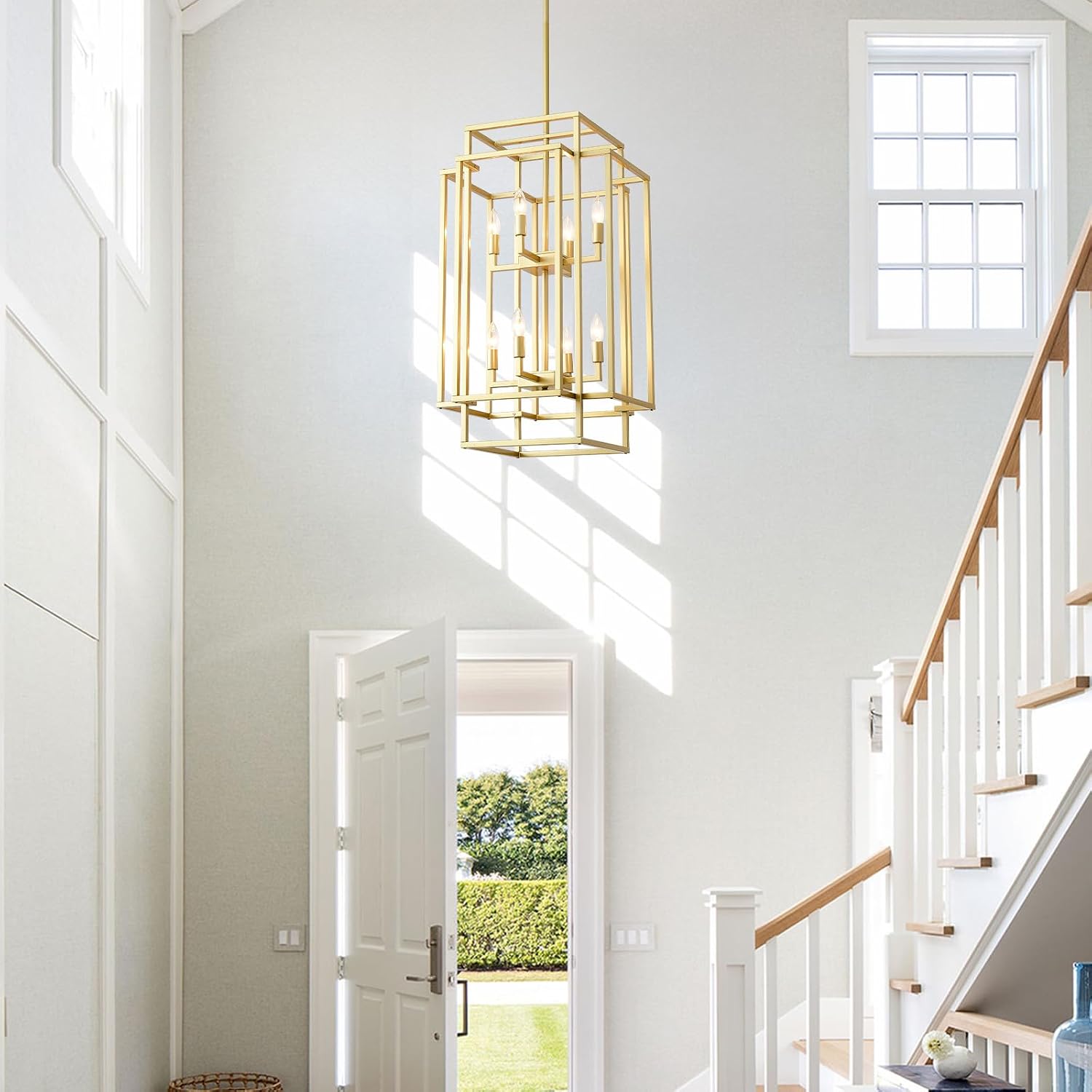 HHR 32" H Gold Foyer Chandeliers for High Ceiling, 8-Light Lantern Tiered Pendant Light Fixture, Farmhouse Metal Chandelier for Dining Room Living Room Entryway Porch