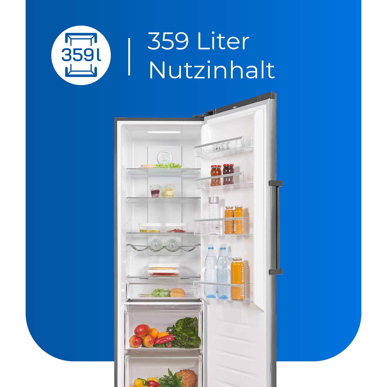 Exquisit® Frigorífico Vertical, 359L, Clase E, Material Acero Inox Antracita, 1 Puerta, Tecnologia No-Frost, 2 Cajones Verduleros, Estantes de Cristal, Consumo 118 kWh/año, Medidas 185,5x60x66 Cm.
