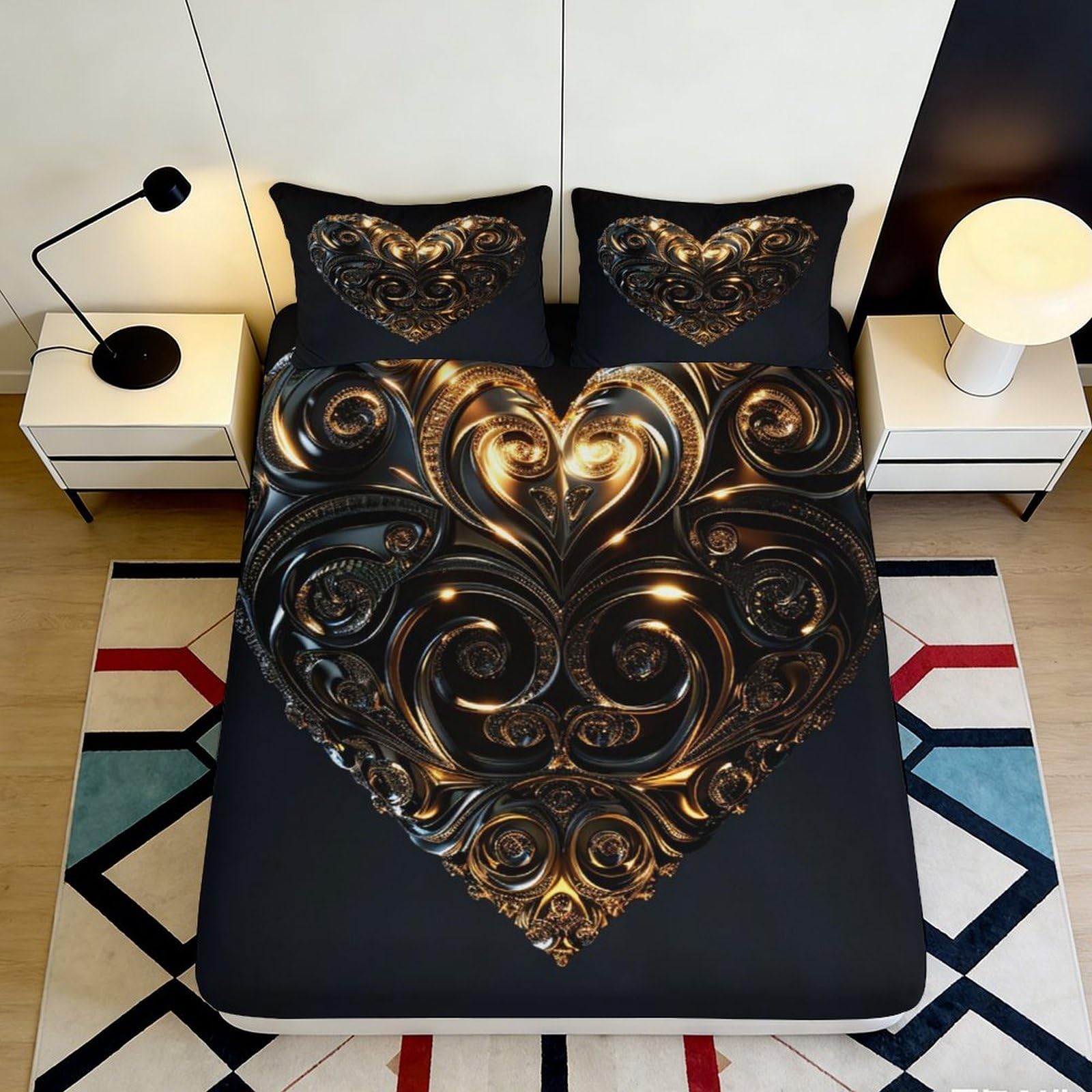 Pnayamiorkfel Style-5 3D Printed Baroque Heart Fitted Sheet Microfiber Black Gold Mattress Cover Anti-Slip Bed Decor For Bedroom Guestroom 90X200x25cm