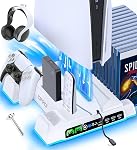 Support PS5/PS5 Slim/PS5 Pro et station de refroidissement avec station de charge de manette LED pour console PlayStation 5, chargeur de manette PS5, accessoires PS5/PS5 Slim/PS5 Pro avec ventilateur de refroidissement à 3 niveaux