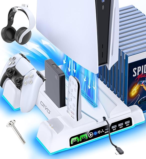 Support PS5/PS5 Slim/PS5 Pro et station de refroidissement avec station de charge de manette LED pour console PlayStation 5, chargeur de manette PS5, accessoires PS5/PS5 Slim/PS5 Pro avec ventilateur de refroidissement à 3 niveaux