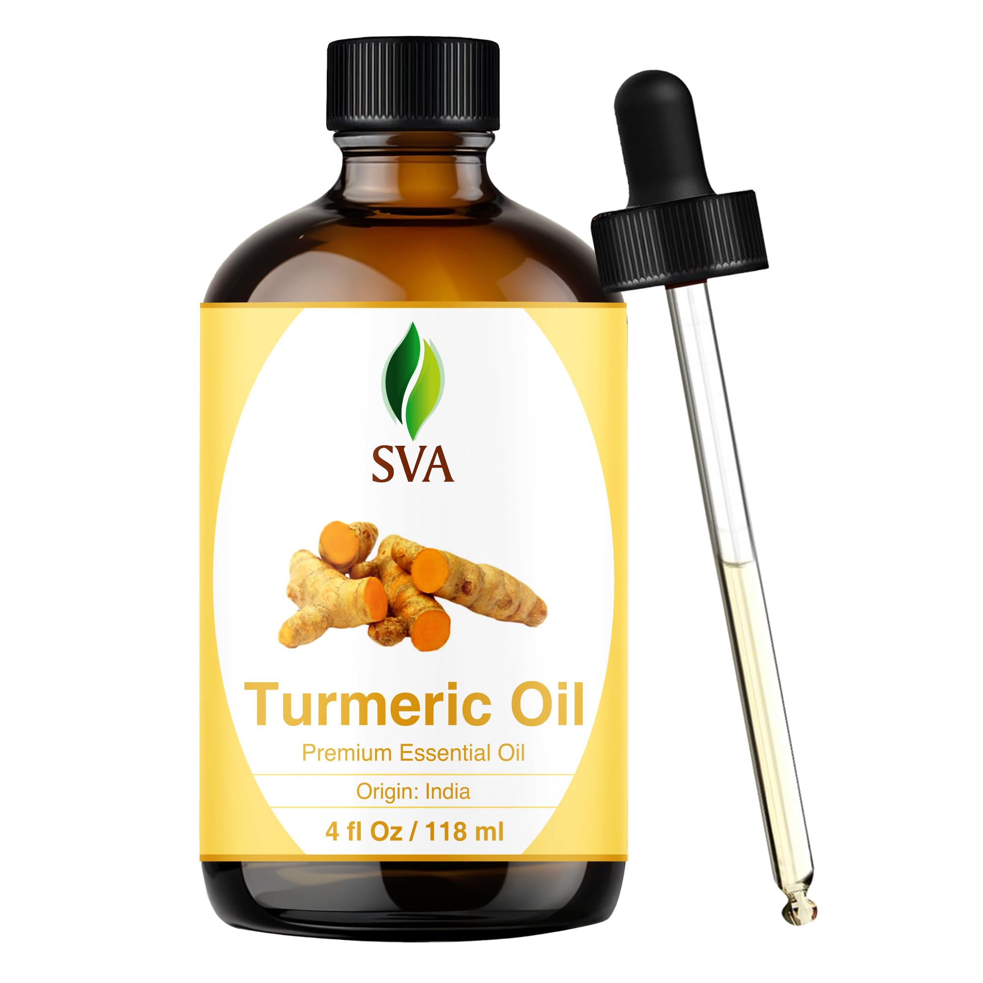 SVA ORGANICS, Olio Essenziale di Curcuma, Aroma Molto Forte, Grado Terapeutico 100% Puro e Naturale, per Massaggio Ayurvedico e Relax, Aromaterapia, Skincare, 4 Fl Oz (Confezione da 1)