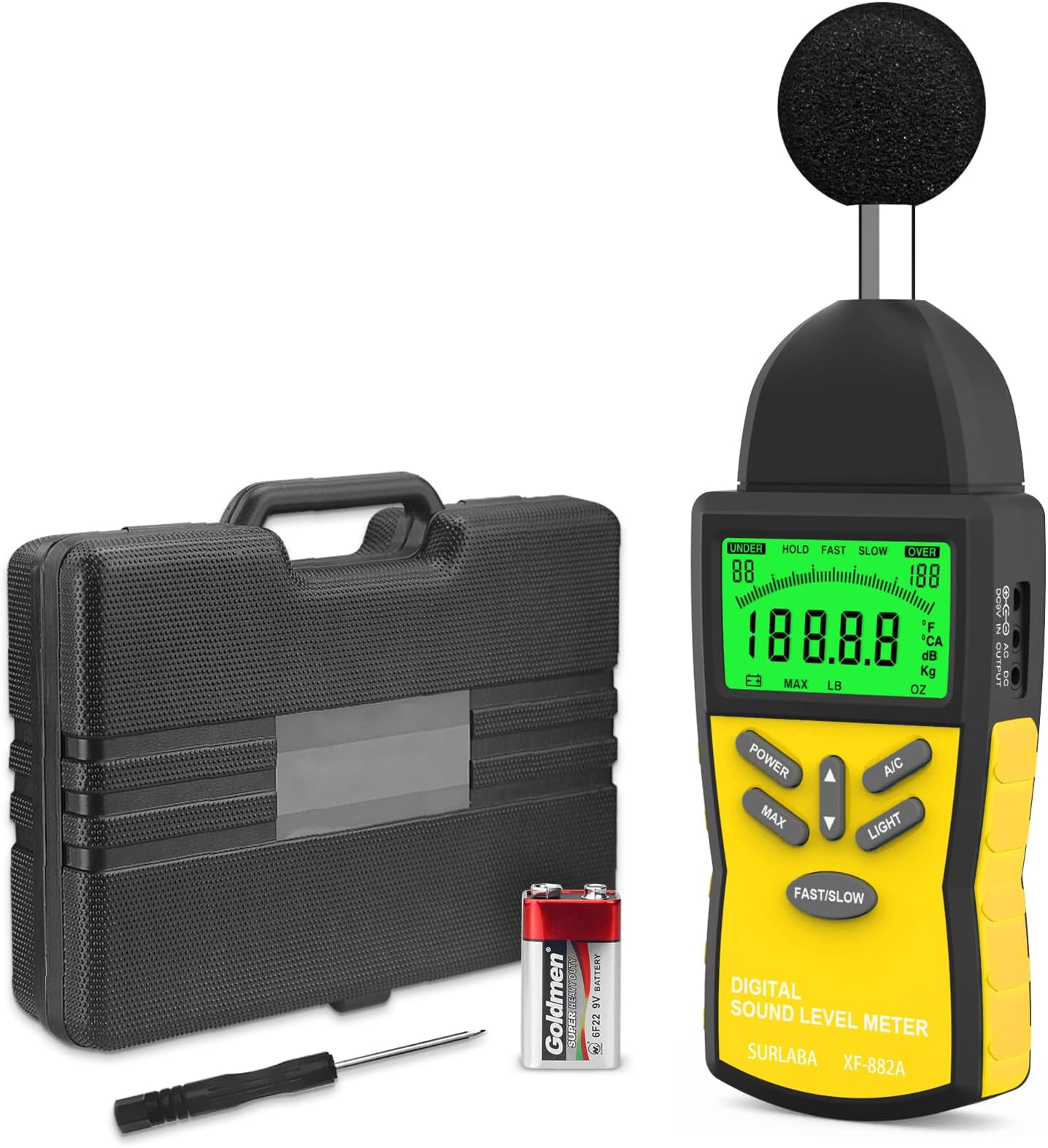 Decibel Meter, 30-130 dB Digital Sound Level Meter with A/C Weighting, Backlight, Data Logging - Noise Detector SPL Meter for Home, Factory, Construction Sites