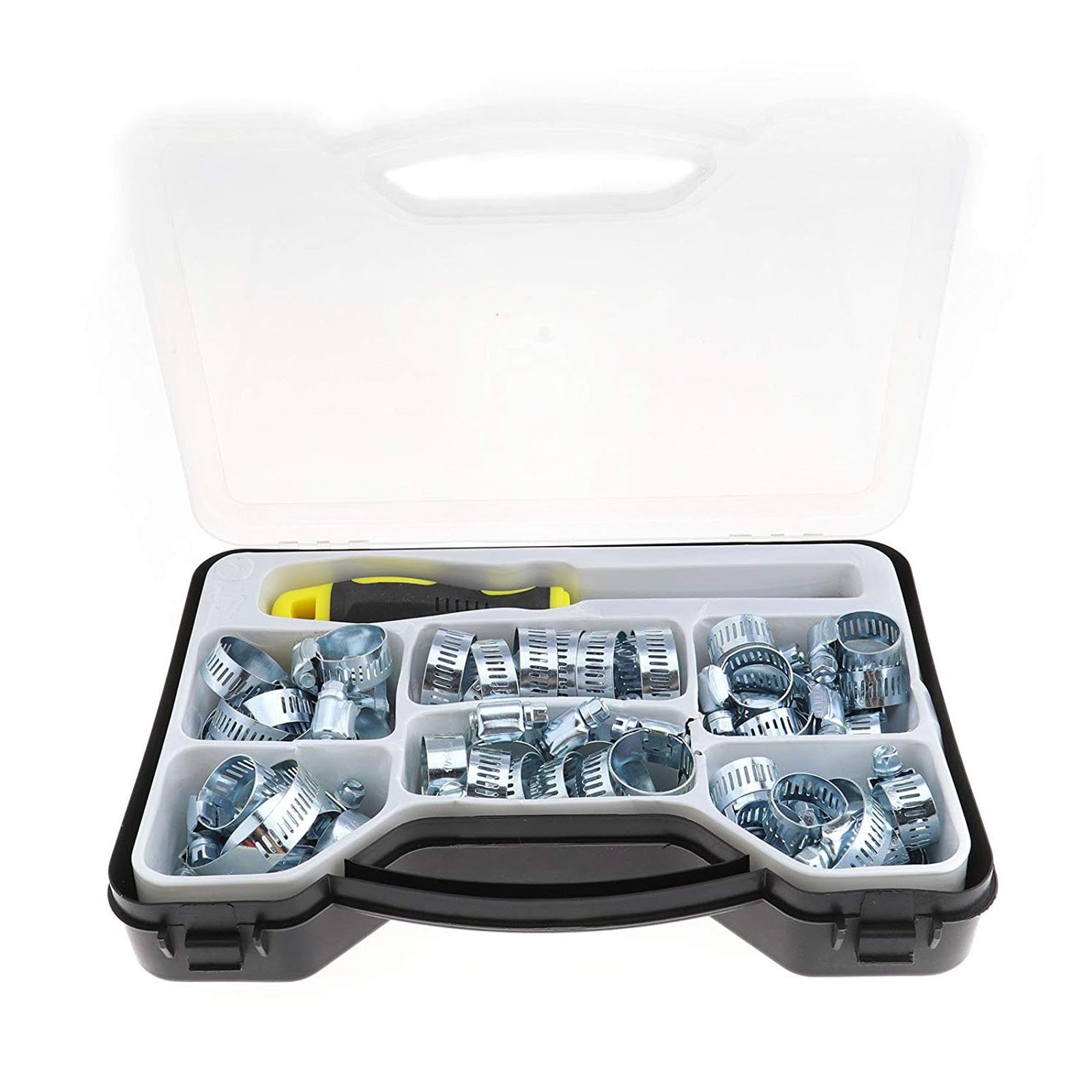 SagaSave 50 Pcs Hose Clamp Assortment Kit 13mm - 44mm Worm Gear Clamps with Hex Hose Clamp Driver Adjustable Hose Clamps for Securing Cable, Tube, Hoses