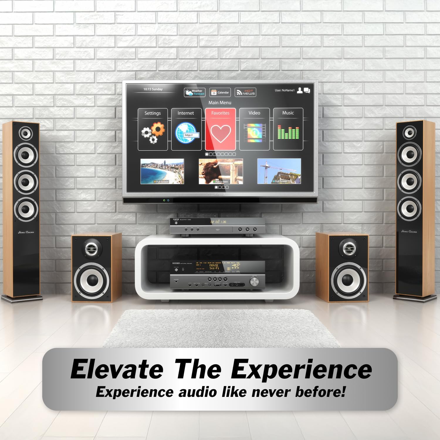 Home theater setup with speakers connected by wire