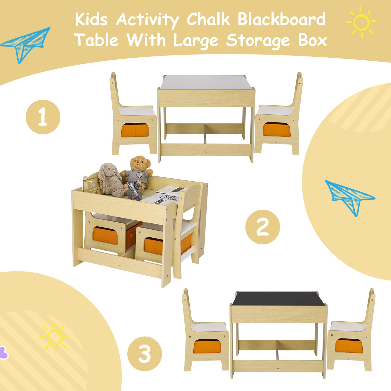 Arlopu Kids Table and Chair Set, 4 in 1 Wooden Activity Desk, w/Blackboard, Storage, 2 in 1 Tabletop for Toddlers Art Crafts Drawing Reading Playroom, Natural