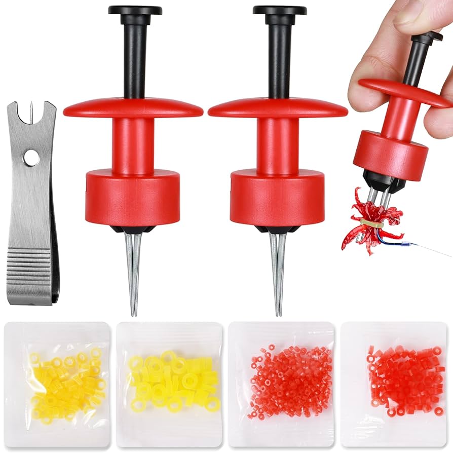 Zacuda 2-Piece Pellet Bander Tool - Banding Tool With 600 Bands, Fishing Line Clipper, Orange