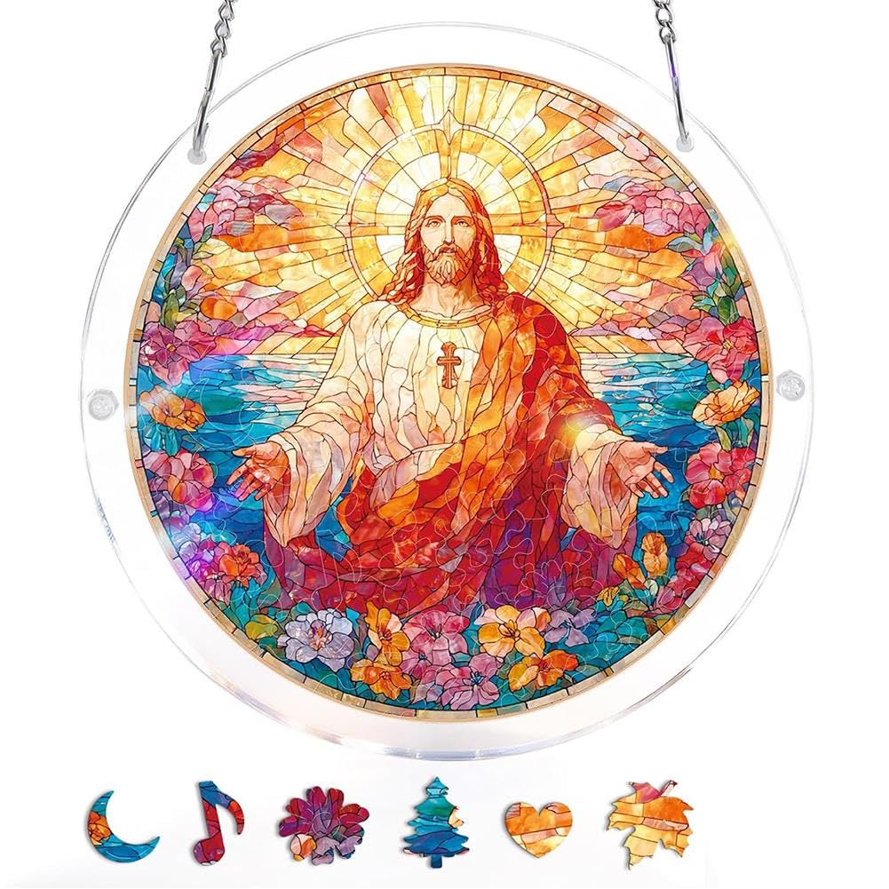 Acrylic Puzzle Suncatcher Window Hanging, 83 Pieces Stained Glass Puzzle Style DIY Sun Catcher Kit for Women Mom Birthday Gift, 7.87 Inch Art Decoration for Home Garden Office Wall Porch Display