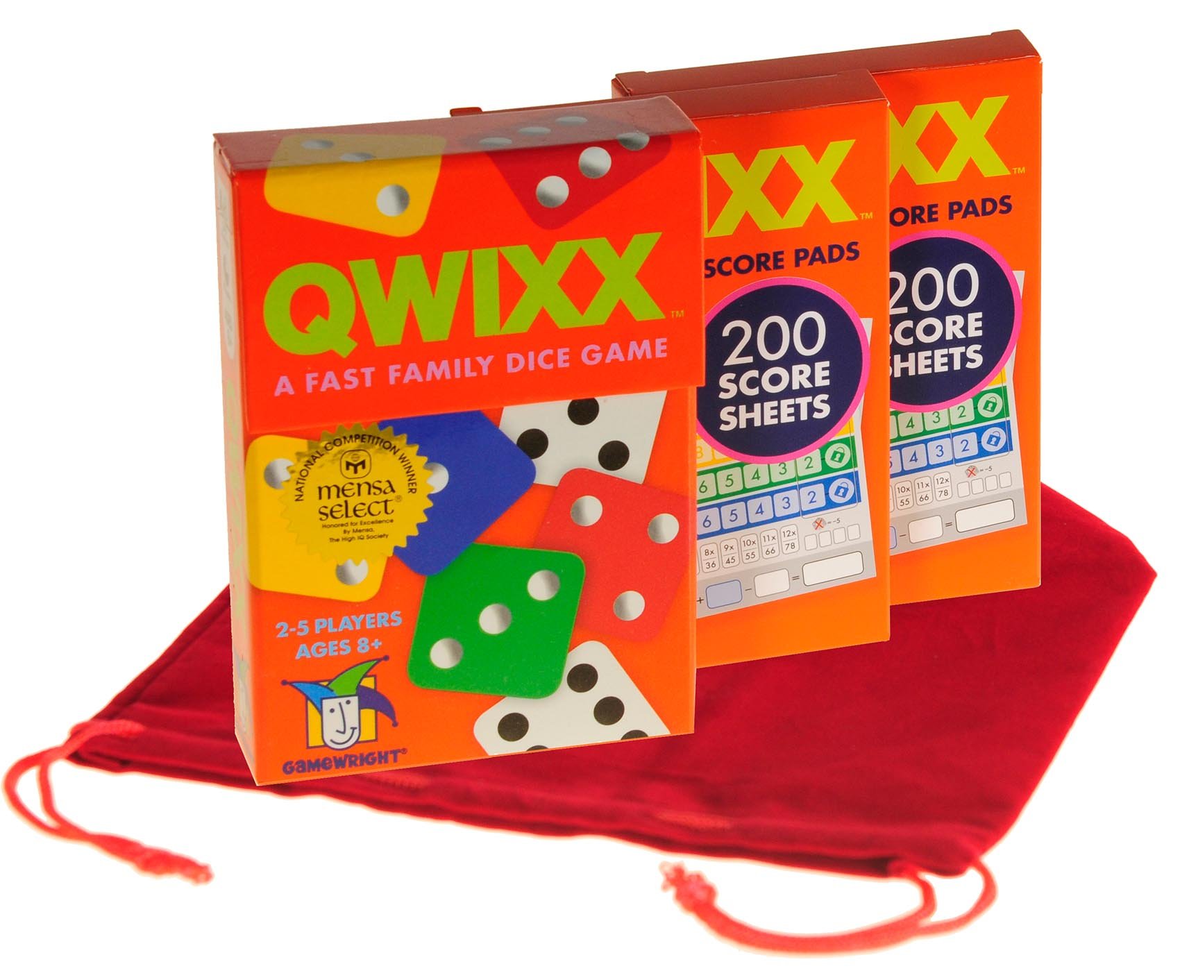 Deluxe Games and Puzzles QWIXX Dice Game, 2 Replacement Scoresheet Packs, RED Velvet Drawstring Pouch, Bundled Items