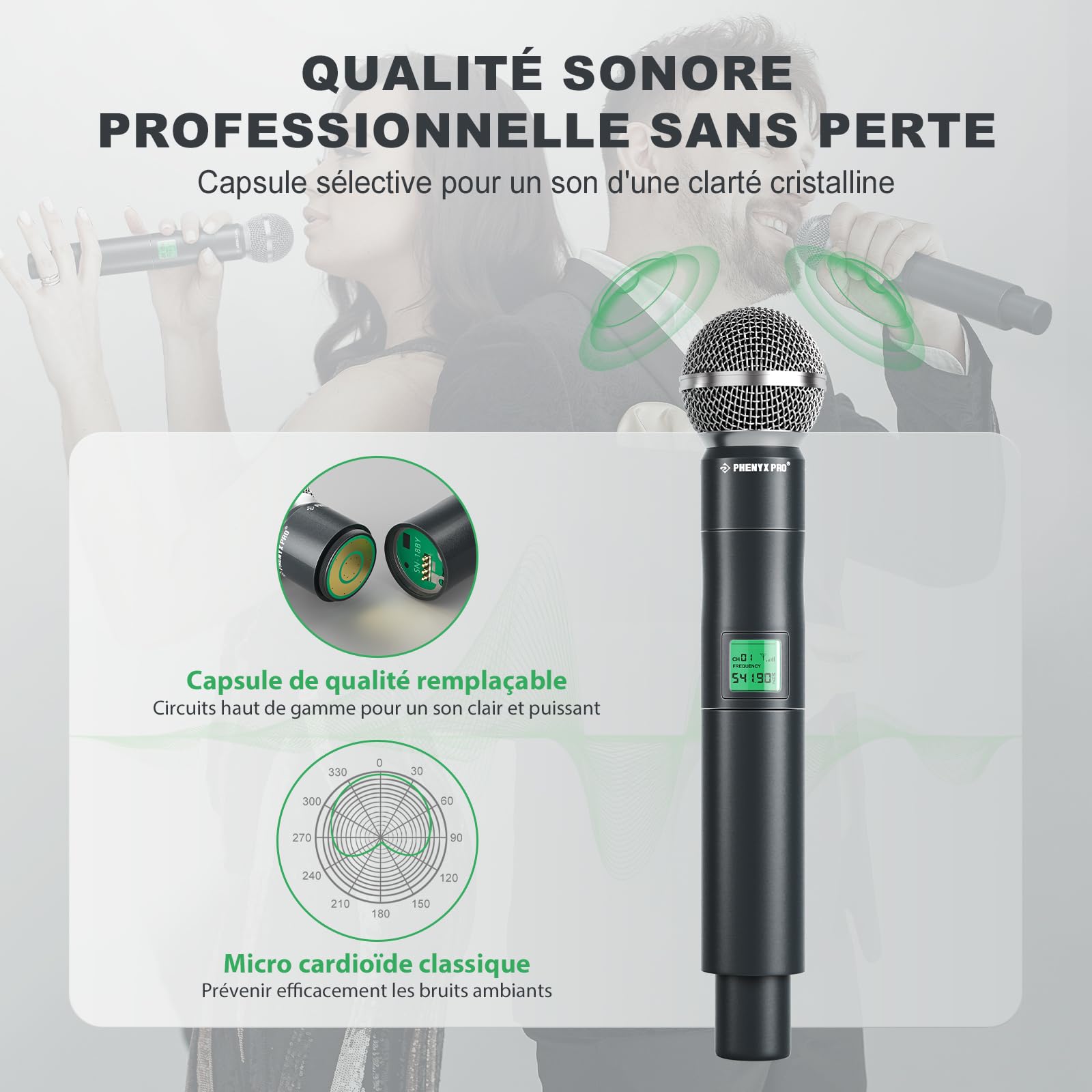Phenyx Pro Système de Microphone sans Fil UHF 4 canaux avec Quatre micros Portables, Construction entièrement métallique, PTU-5000A