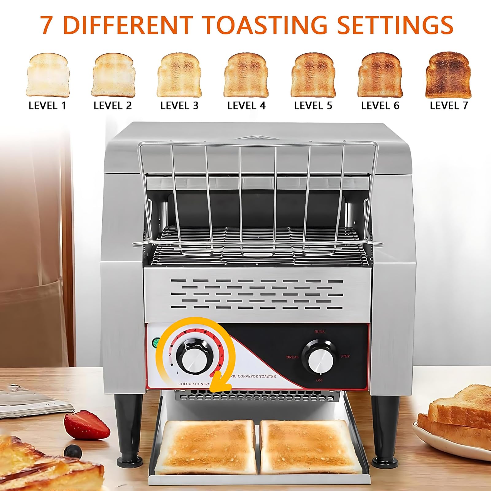 Tostador de Cinta transportadora Profesional 2200W | 300 rebanadas/Hora | con Doble Tubo Calefactor | 3 Modos de Tostado: Superior+Inferior/Solo Superior/Mantener Caliente