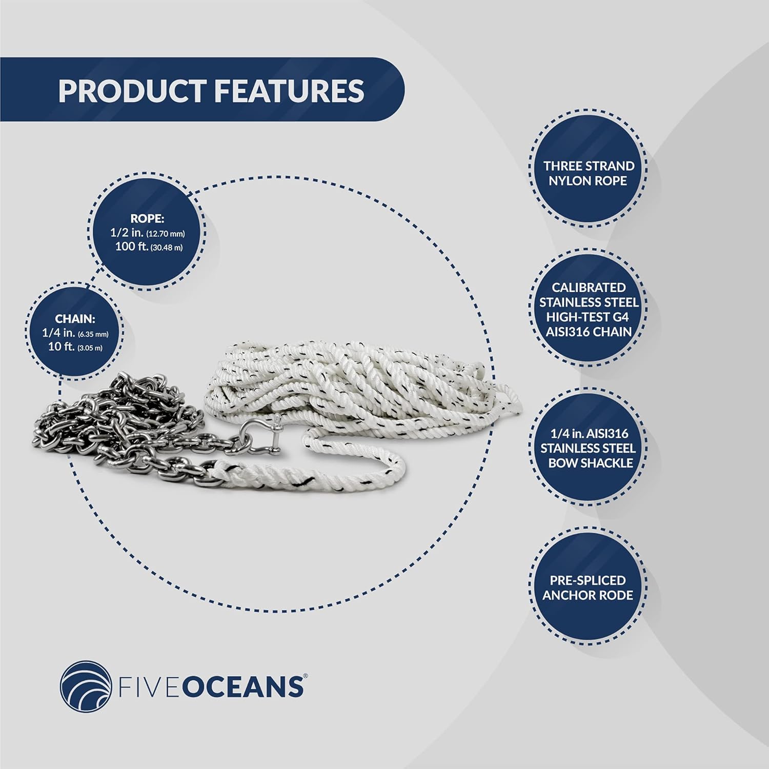 Buy Five Oceans Windlass Anchor Rode Nylon 3 Strand with Stainless