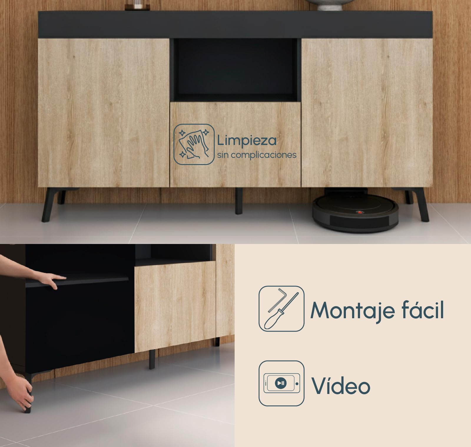 MB Muebles Bonitos | Aparador bajo Kai con 3 Puertas para Salón Comedor Moderno | Mueble de Melamina Mate | Color Negro y Sonoma | 130x70x32,5 cm