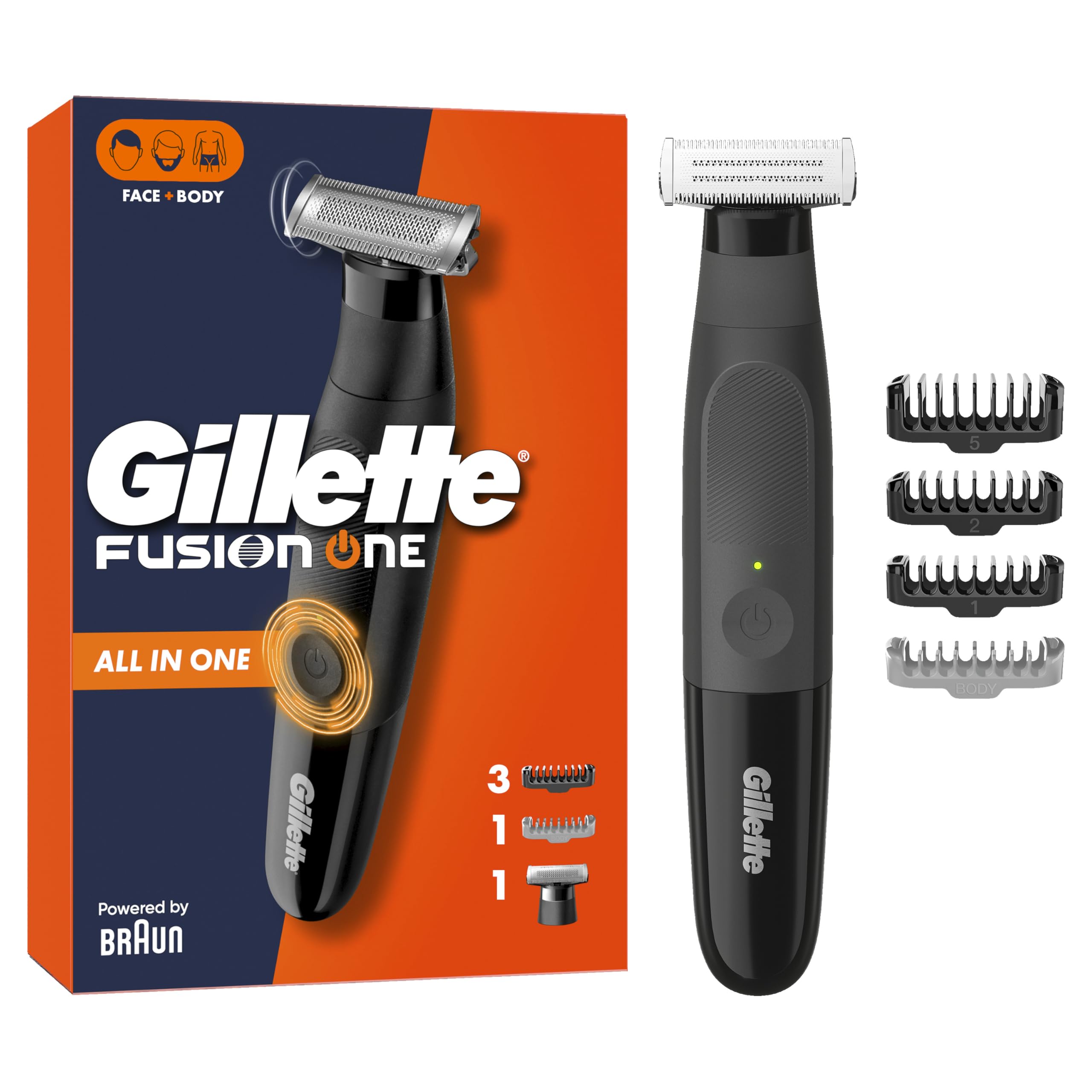 Gillette Fusion One Recortadora de Barba Y Afeitadora Corporal, Barbero Todo en Uno para Cara Y Cuerpo, Cabezal Pivotante, 4 Peines, Resistente al Agua, Inalámbrica, 45 Min de Uso, Recorta Y Afeita - 1