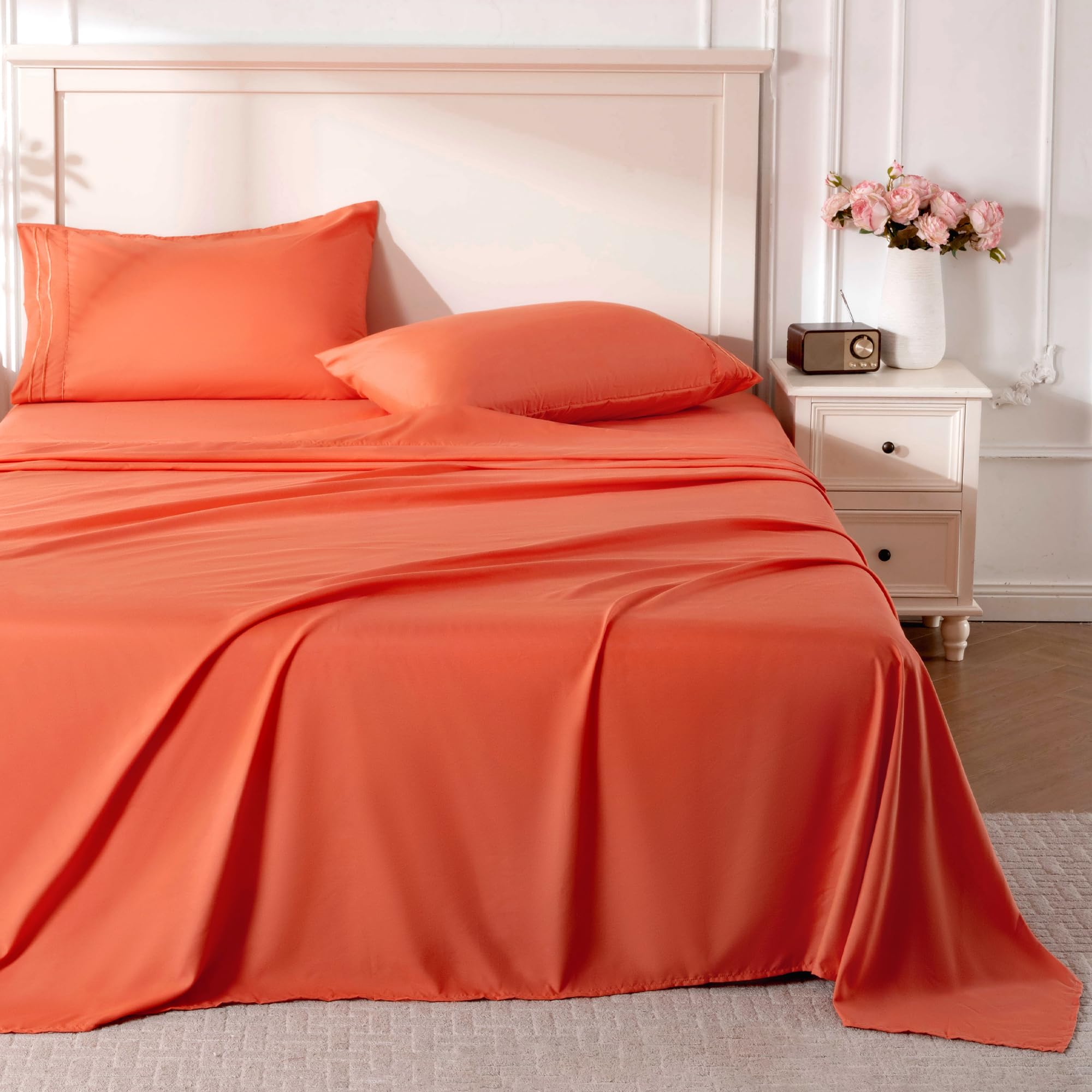 ROSE RISY Orange Red Queen Sheet Set 4 Pieces Soft Bedding Queen Sheet Set Breathable and Cooling Sheet