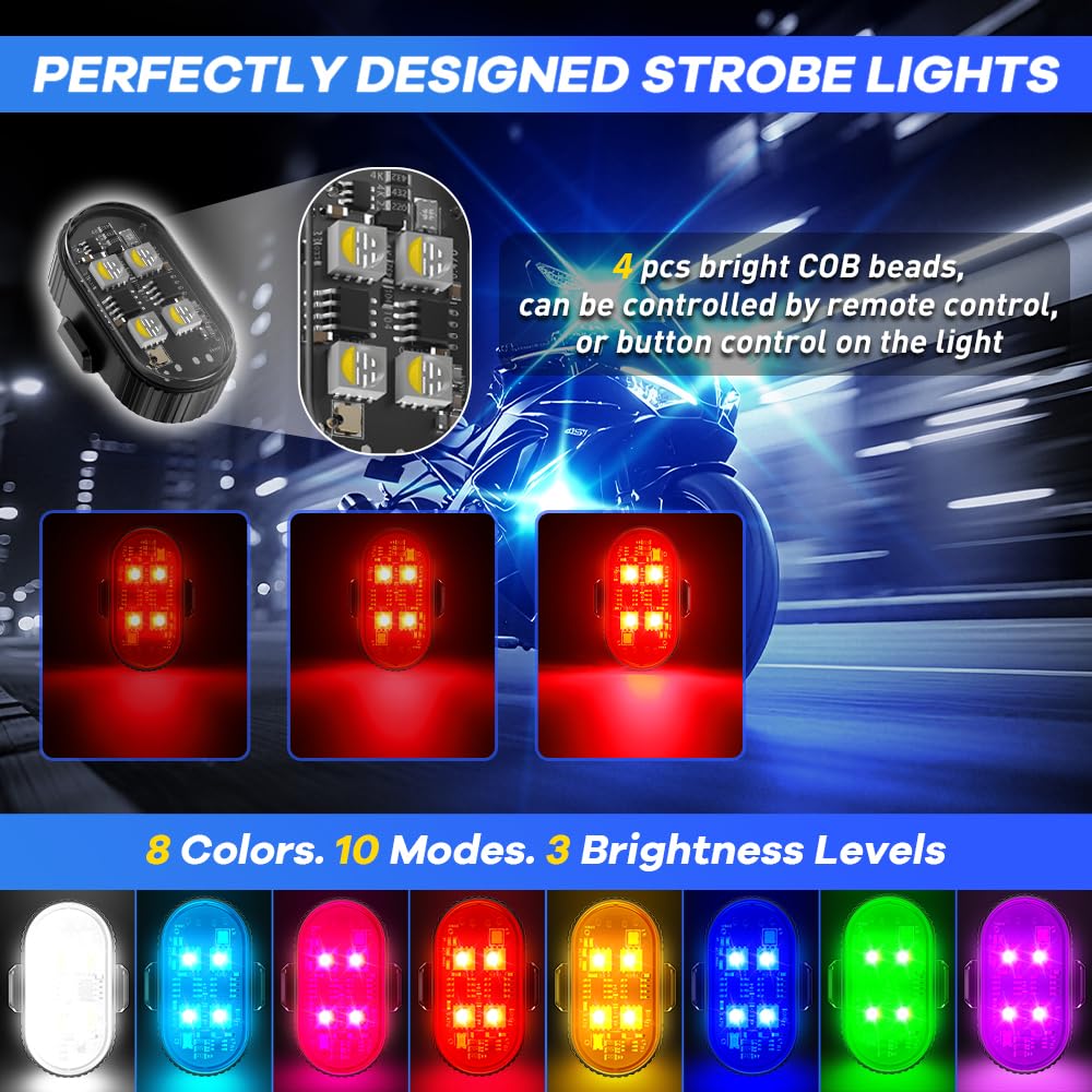 10pcs luci stroboscopiche LED wireless, 8 colori 10 tipi di effetti luminosi ricaricabili tramite USB luci di segnalazione anticollisione luci stroboscopiche LED per biciclette, droni, motociclette