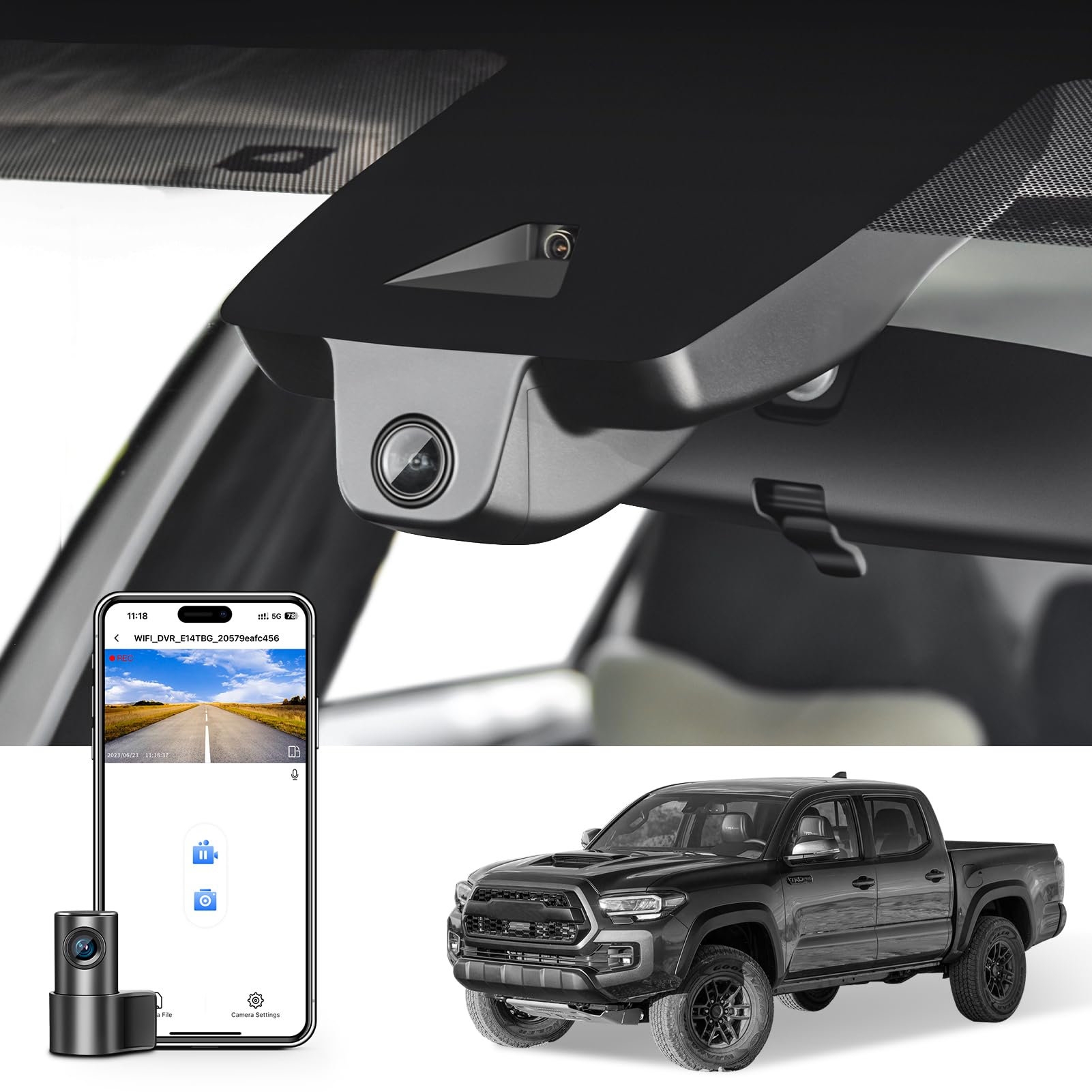 Front 4K & Rear 1080P Dash Cam Custom fit for Toyota Tacoma 2018 2019 2020 2021 2022 2023,Limited TRD Sport Off-Road Pro SR5 SR, Integrated OEM Look,App&WiFi,128GB Card,Not fit for Tacoma 2024