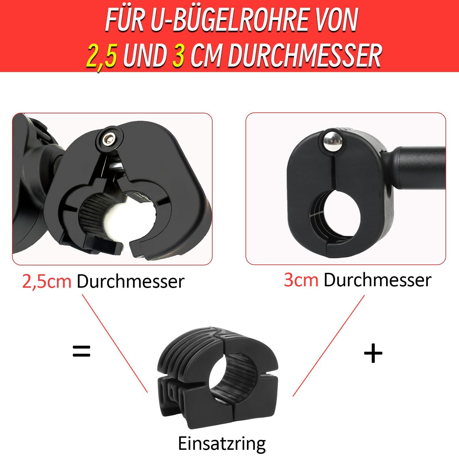 Verstellbar Strap Rahmenhalter 12CM+38CM, Alu Rahmenhalter Fahrradträger für E-Bike/Fahrrad, Abschließbare, Universal Fahrradrahmenhalter für U-Bügelrohr: Ø 2,5-3cm (Schwarz+Silber)