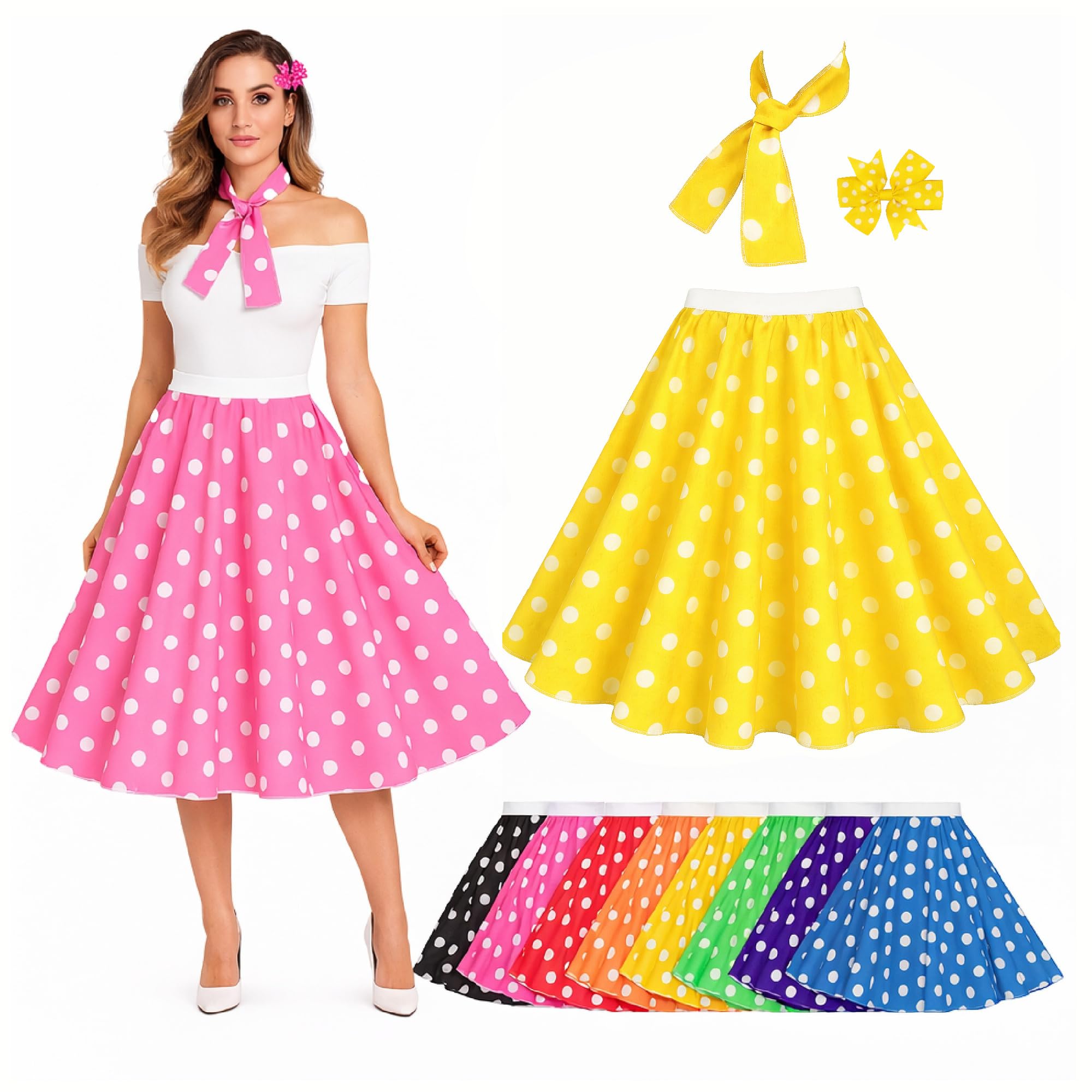 Polka Dot Rock n Roll Skirt 50s Fancy Dress Costume Skirt with Necktie and Hairbow (UK, Alpha, M, L, Regular, Regular, Yellow and White)