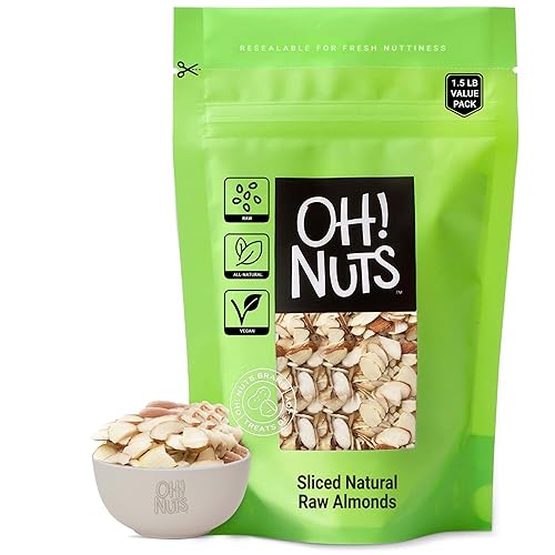 Oh! Nuts Rebanadas de almendras crudas 100 % naturales 1.5 libras Almendras naturales en rodajas empaquetadas en bolsa de cierre de cremallera