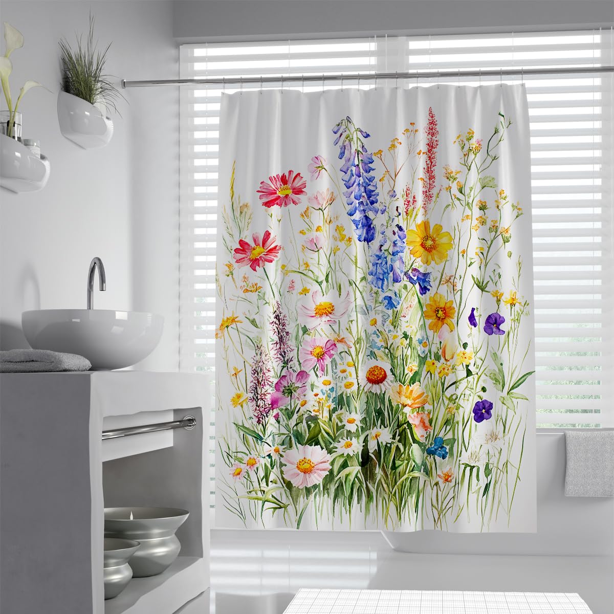 UERWOWELL Vibrant Delphinium Chrysanthemum Blossom Theme Shower Curtain Summer Wild Flowers Bouquet Bath Curtain Rustic Countryside Botanical Bathroom Decor W180xL180 cm