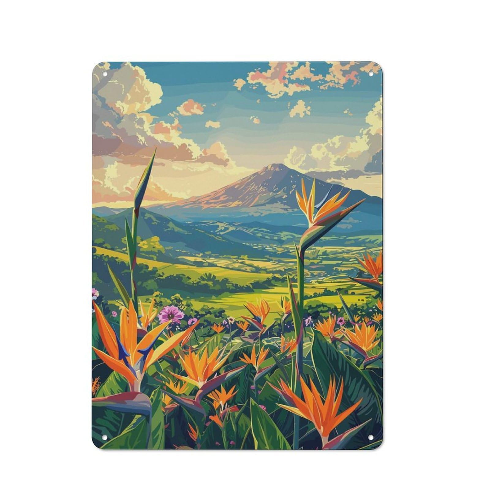 Junmoney Style-5 Vintage Mountain View With Bird Of Paradise Vintage Metal Sign 40X30cm, Restaurant Wall Art For Takeaway, Bar, Kitchen Or Counter Area